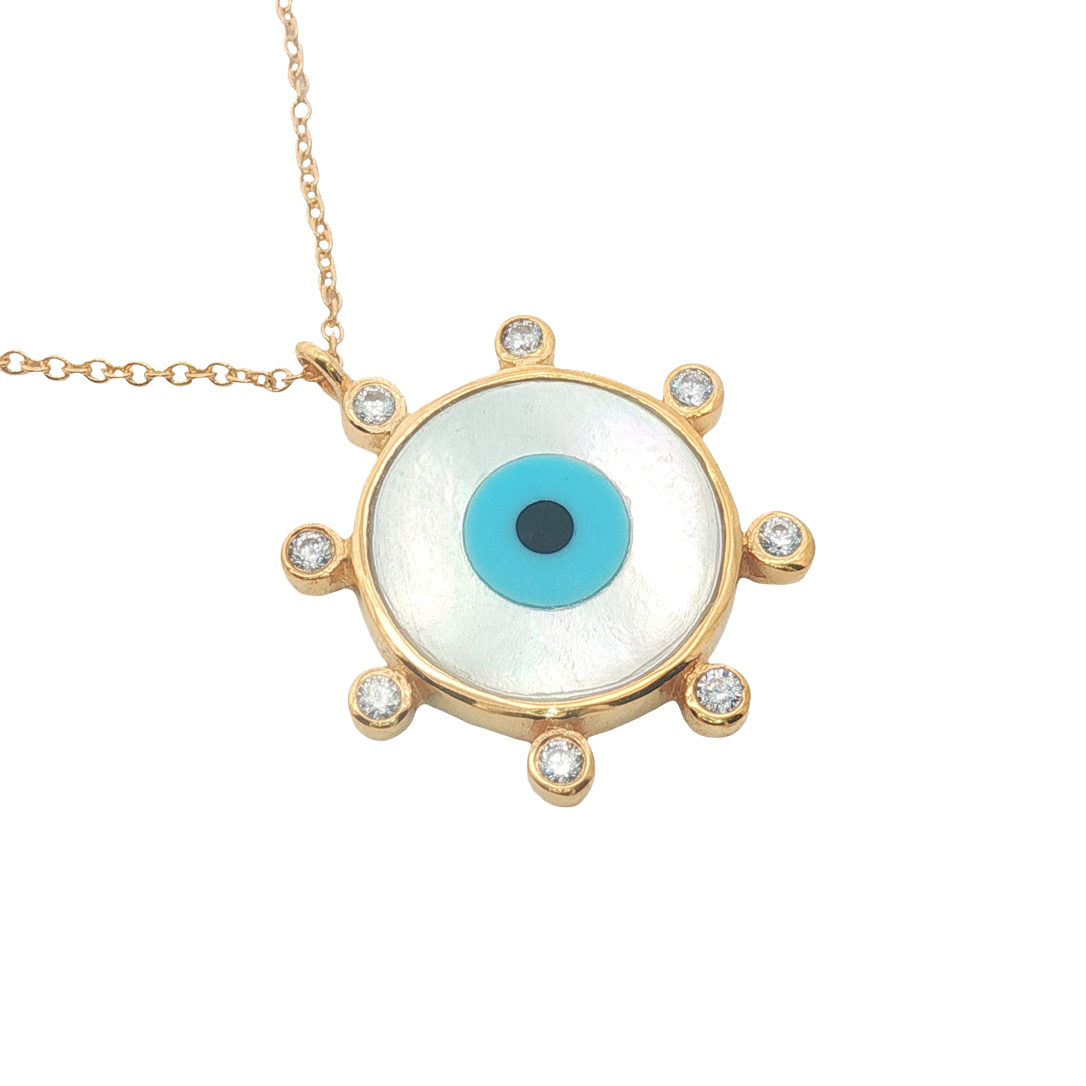 Collier doré oeil en nacre avec zircons 60 cm