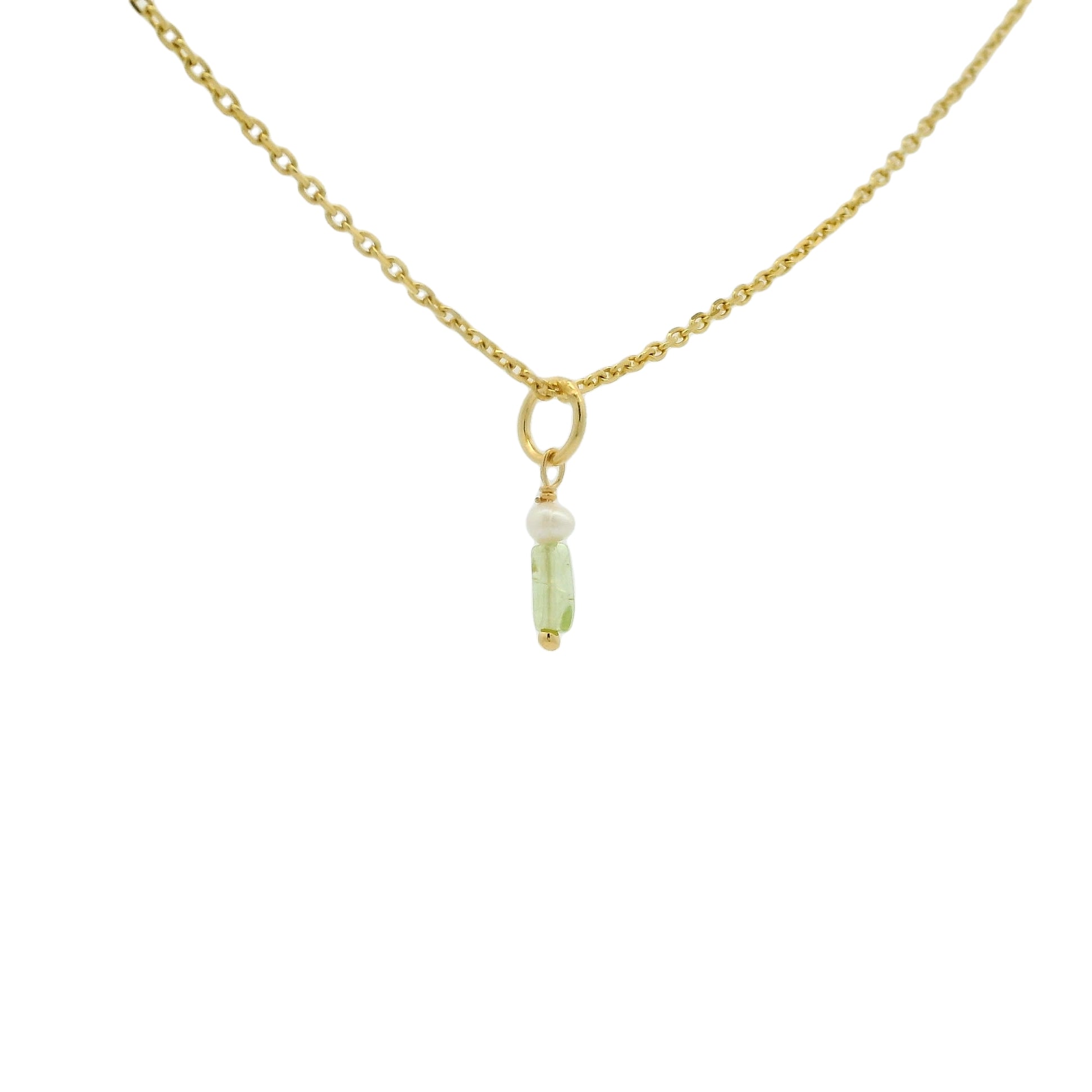 Gold necklace with small square natural stone and pearl