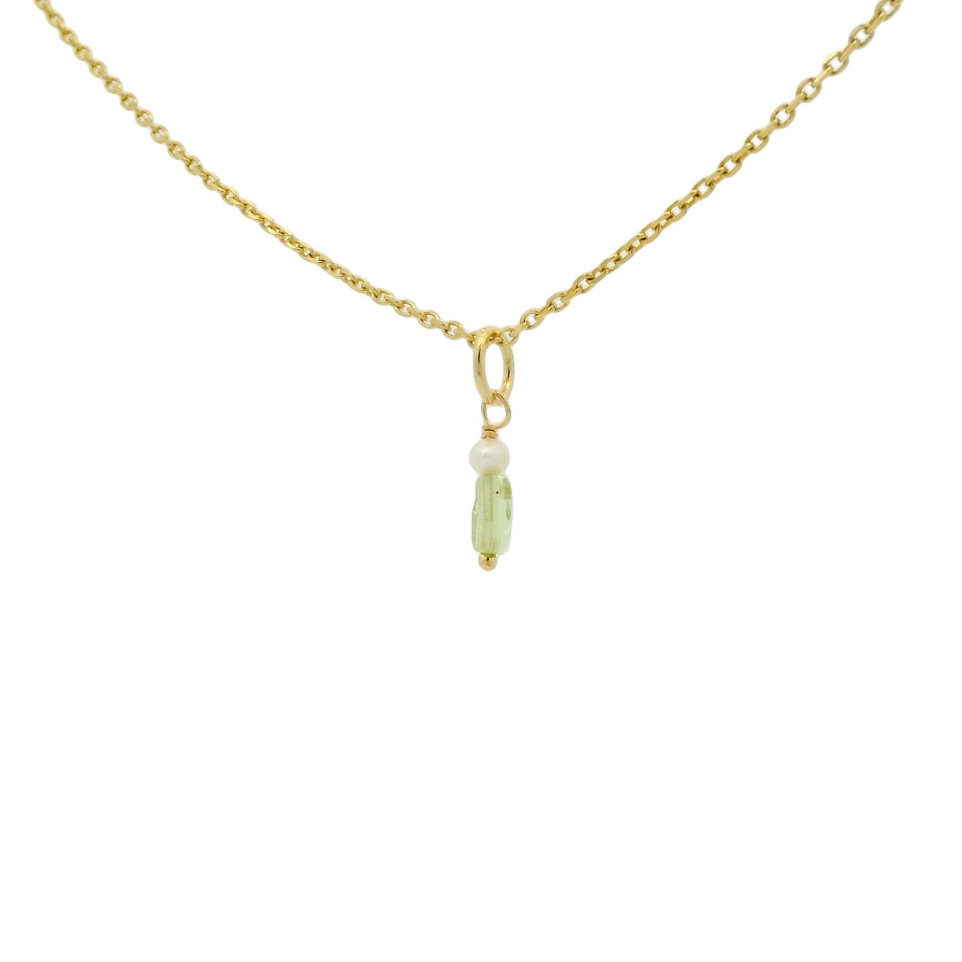 Gold necklace with small square natural stone and pearl