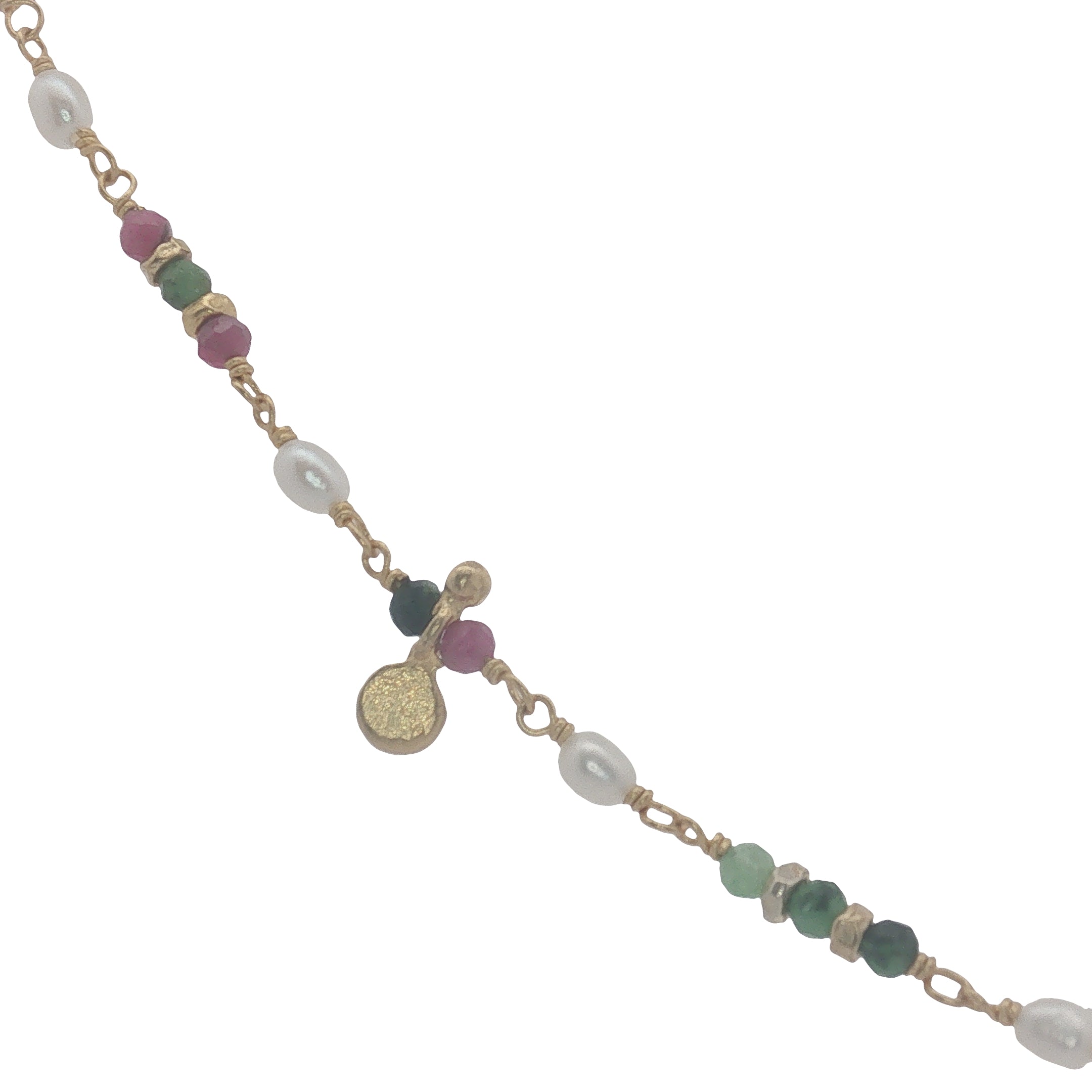 Collier doré rubis zoisite, perles de culture et pampilles 42 cm