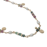 Collier doré rubis zoisite, perles de culture et pampilles 42 cm
