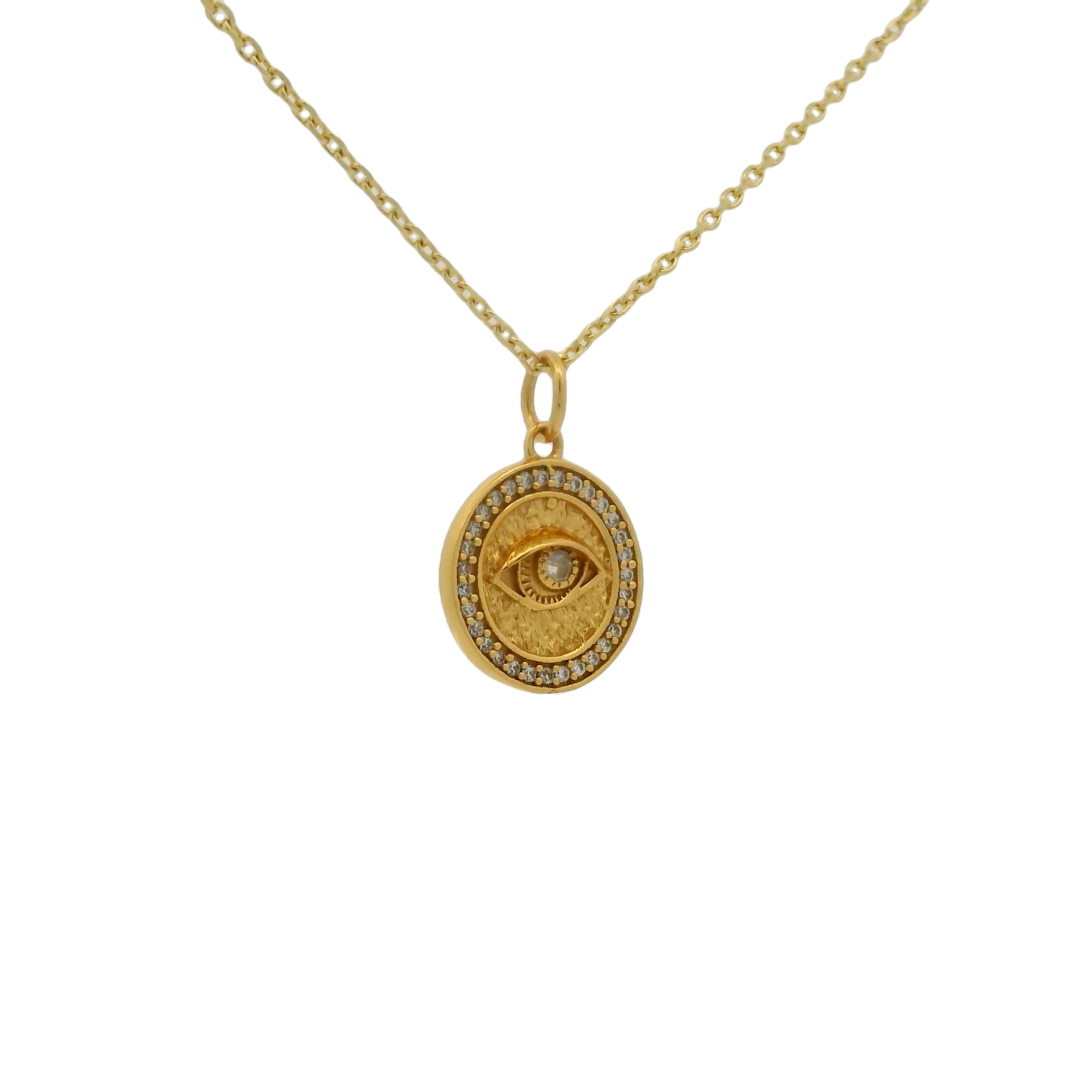 Collier doré médaille oeil pierre de lune zircons 42 cm