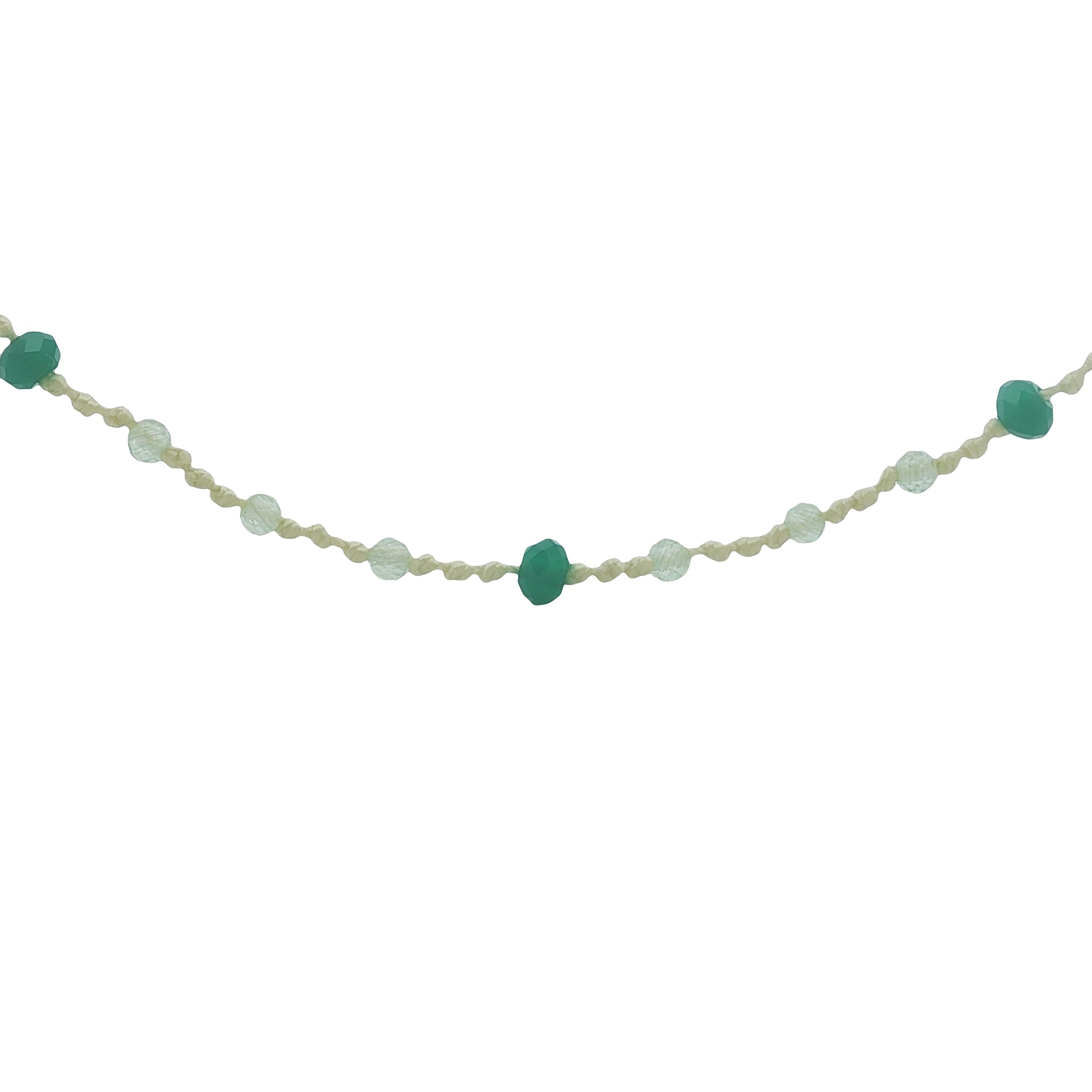 Collier doré avec onyx verte, prehnite et noeuds verts clairs 60 cm