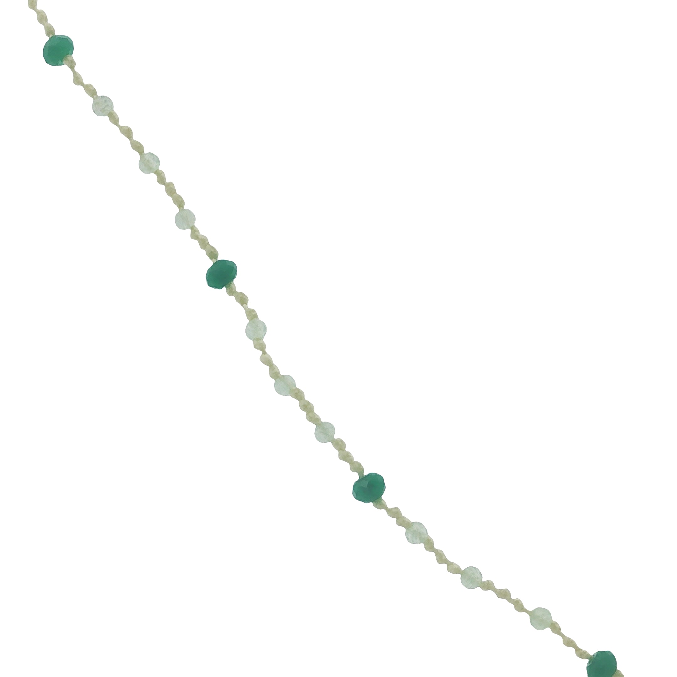 Collier doré avec onyx verte, prehnite et noeuds verts clairs 60 cm