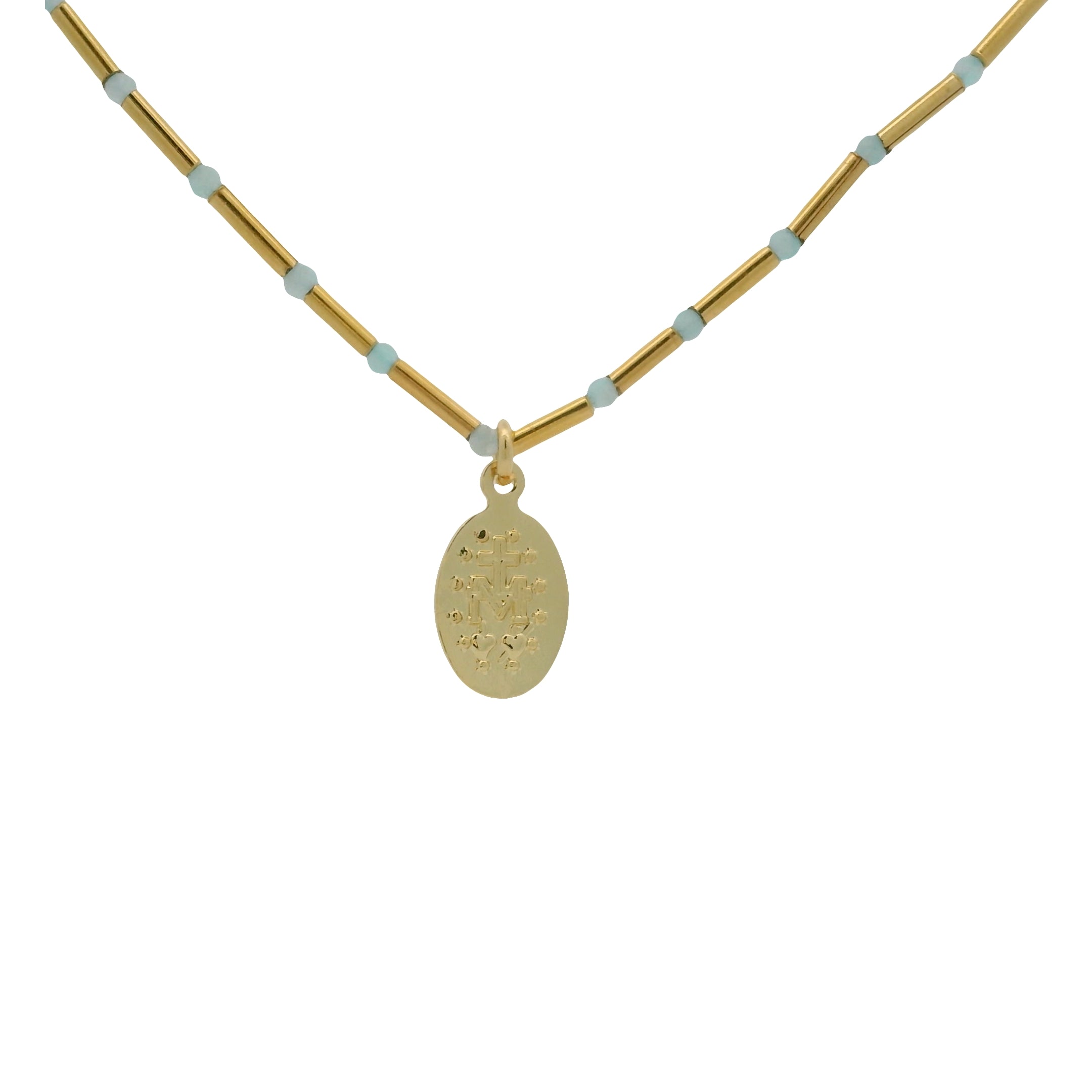 Collier tubes dorés avec amazonite médaille madone 42 cm