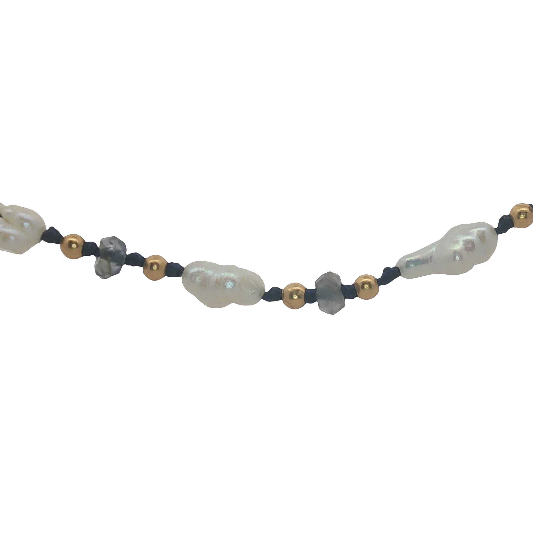 Collier doré perles de culture, perles dorées et iolite 60 cm