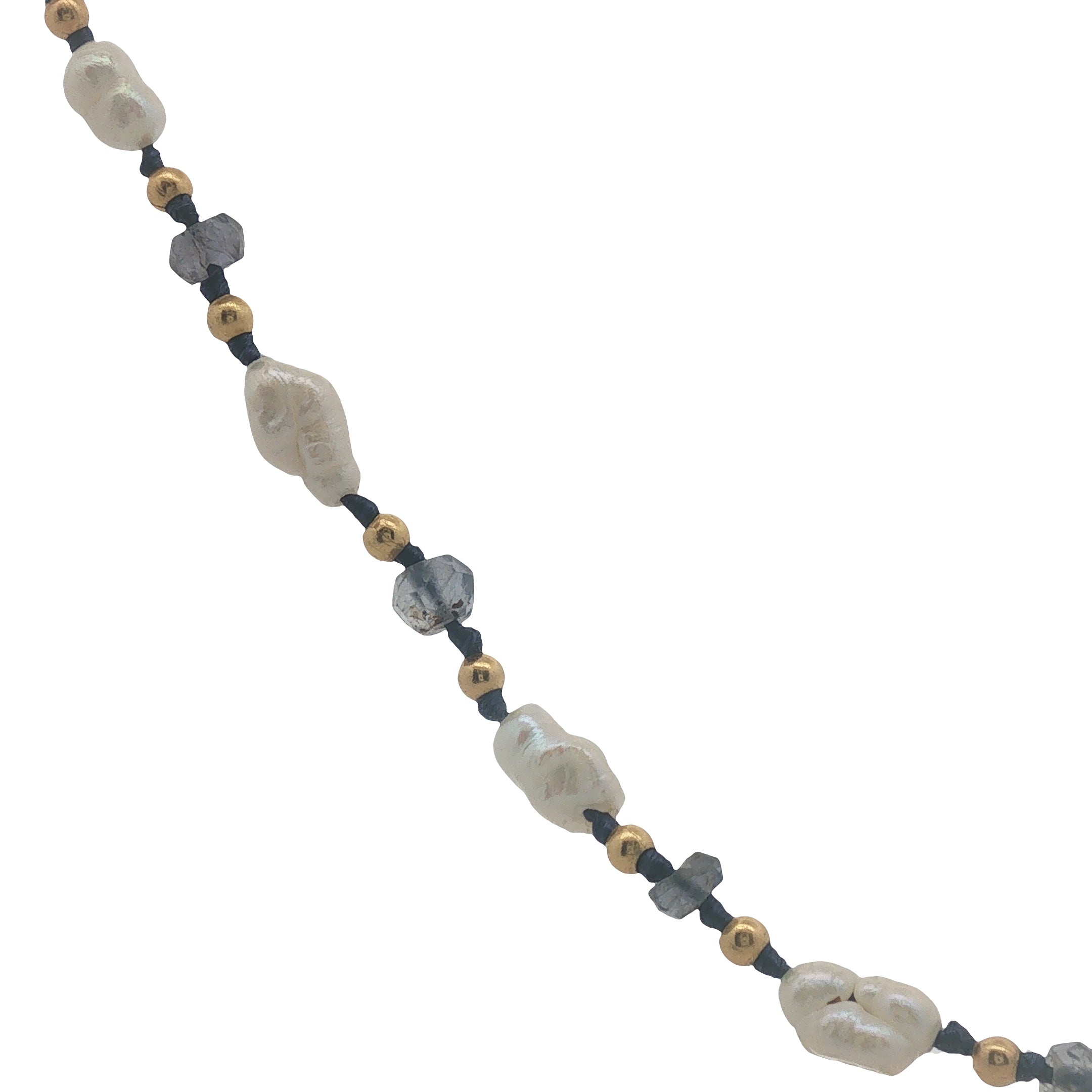 Collier doré perles de culture, perles dorées et iolite 60 cm