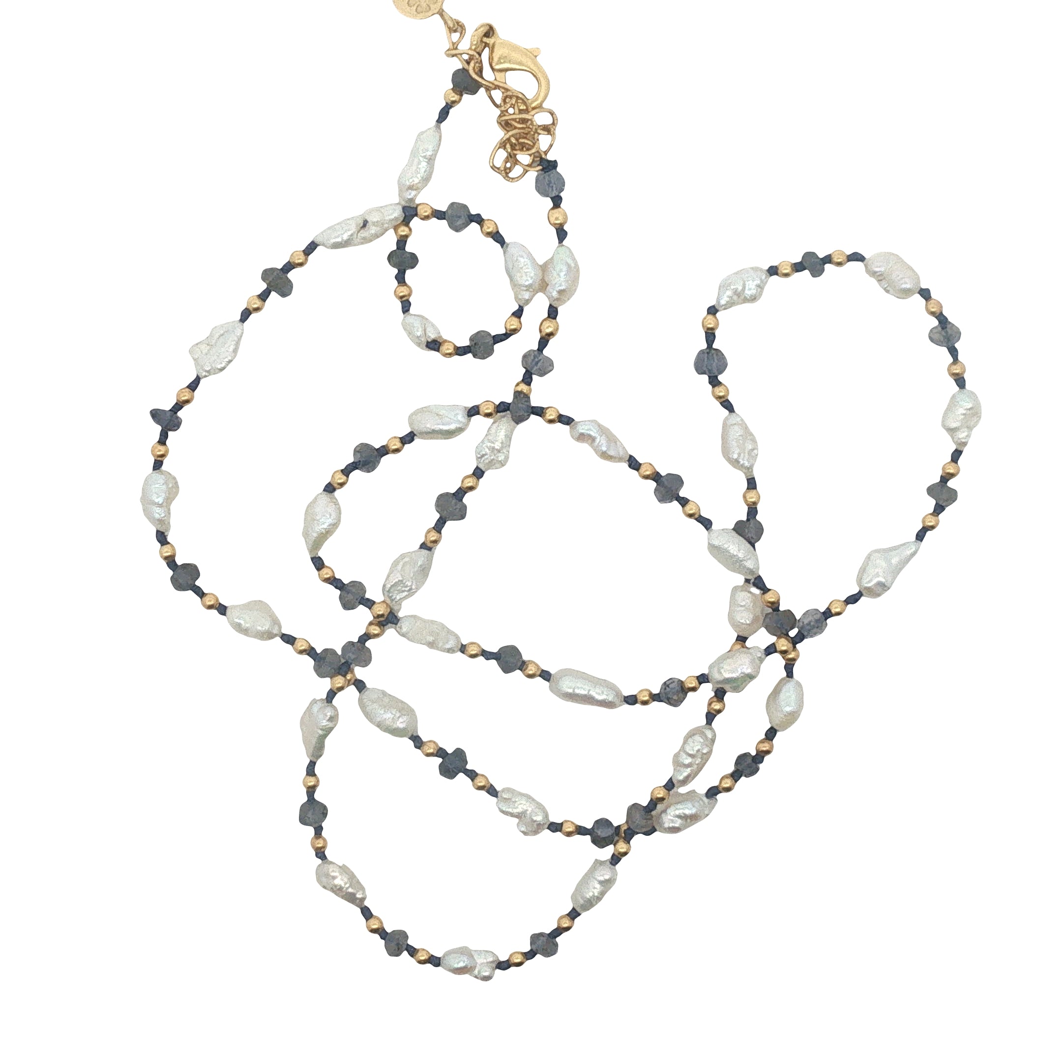 Collier doré perles de culture, perles dorées et iolite 60 cm
