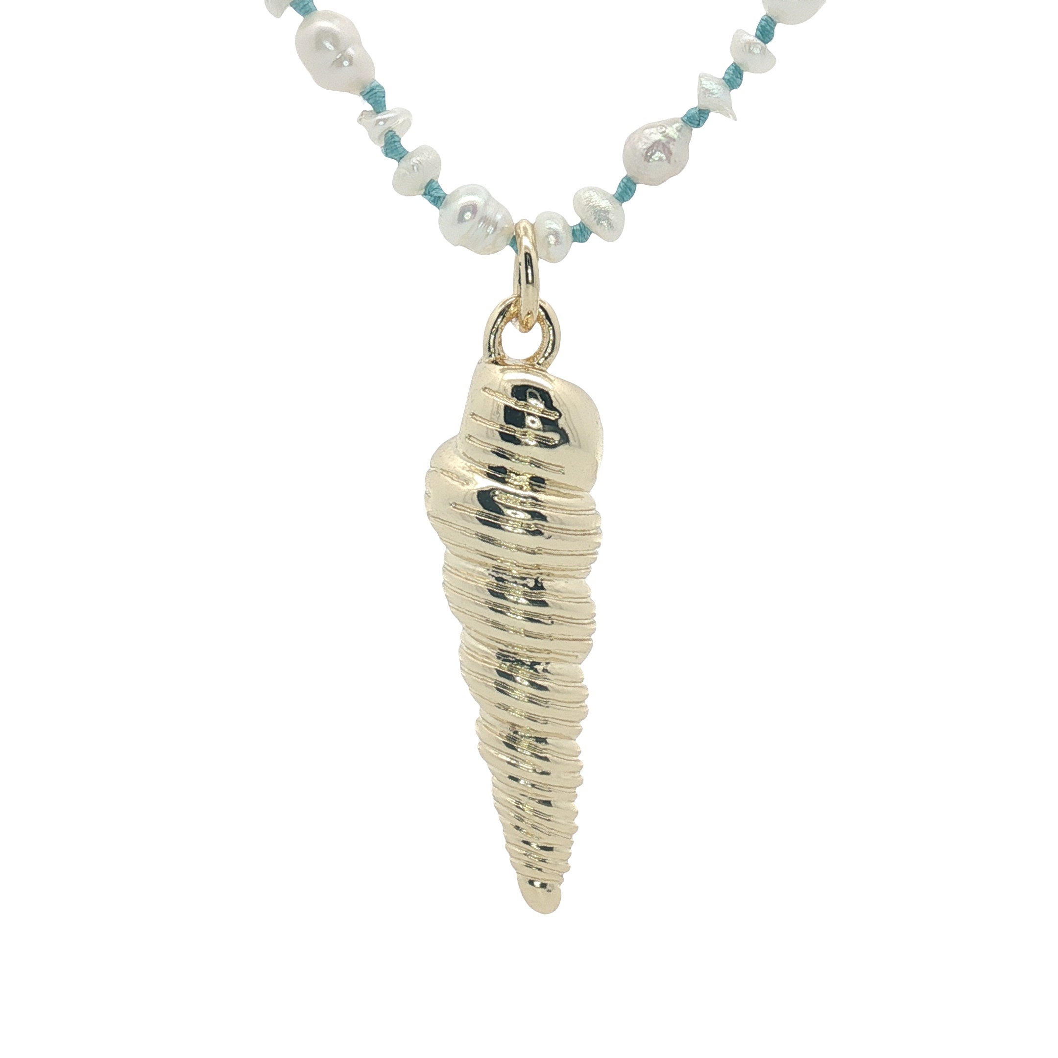 Collier doré petites perles de culture et coquillage torsadé doré 75 cm