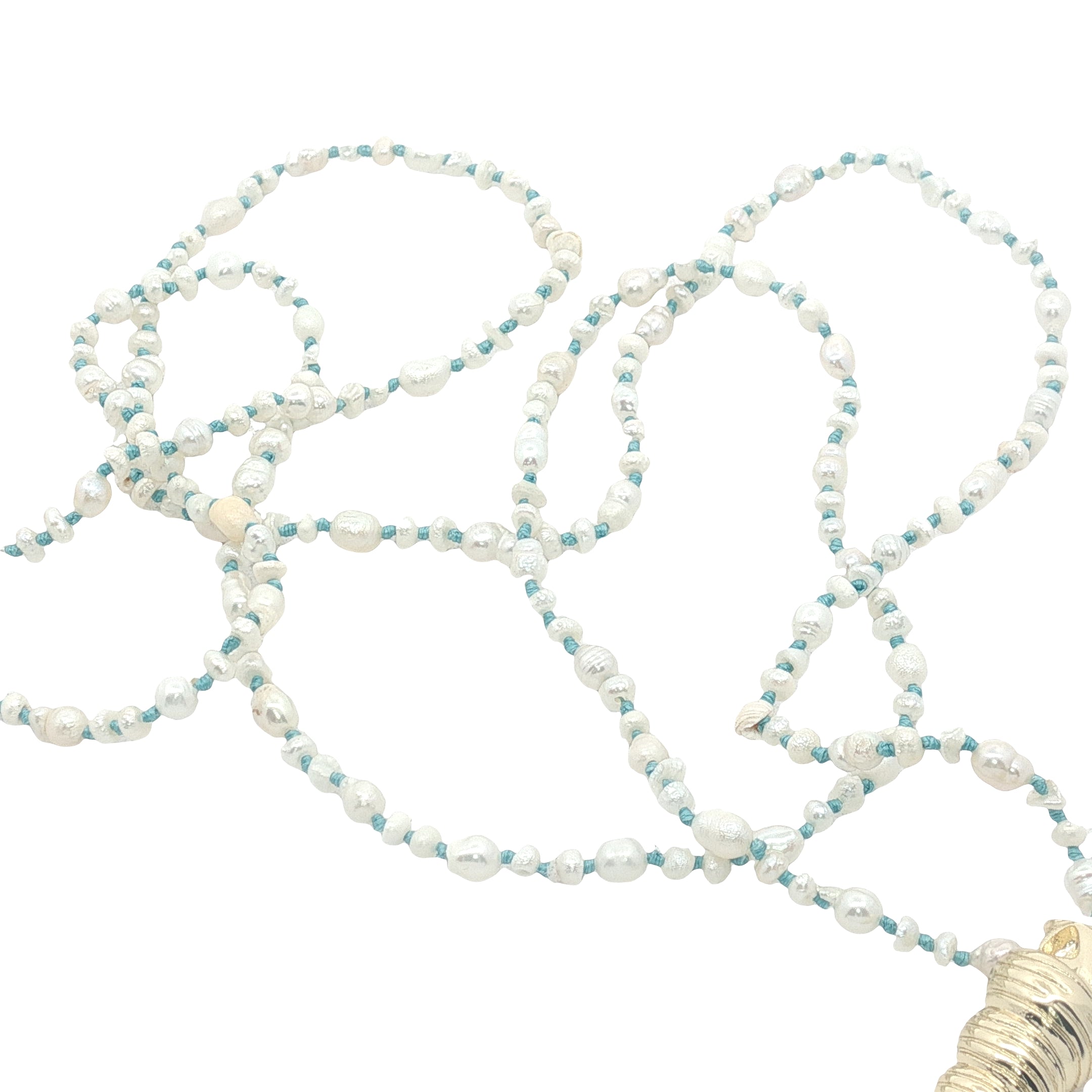 Collier doré petites perles de culture et coquillage torsadé doré 75 cm