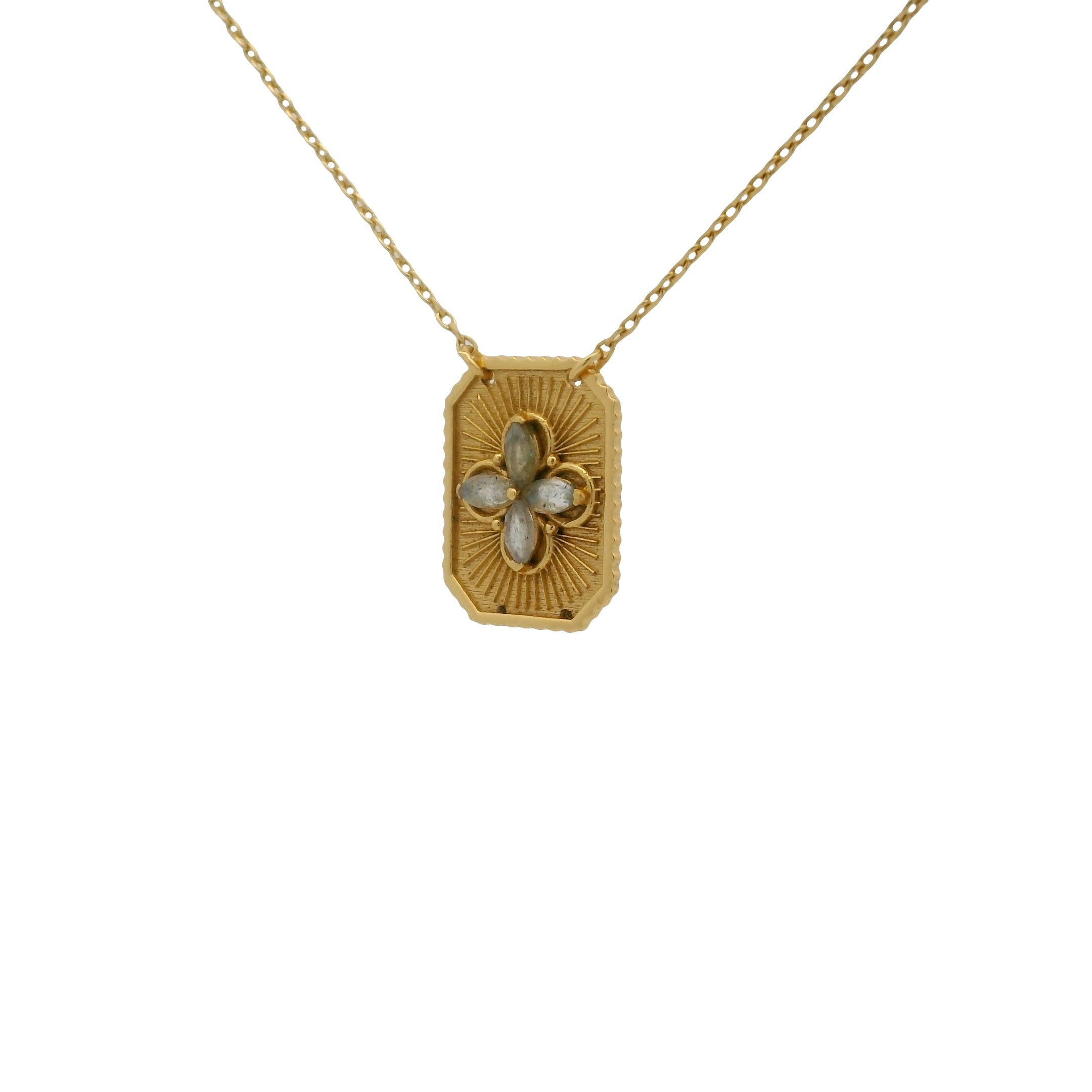Collier doré plaque fleur et labradorite 38 cm