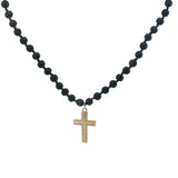 Collier croix dorée zircons perles en bois marron 90 cm