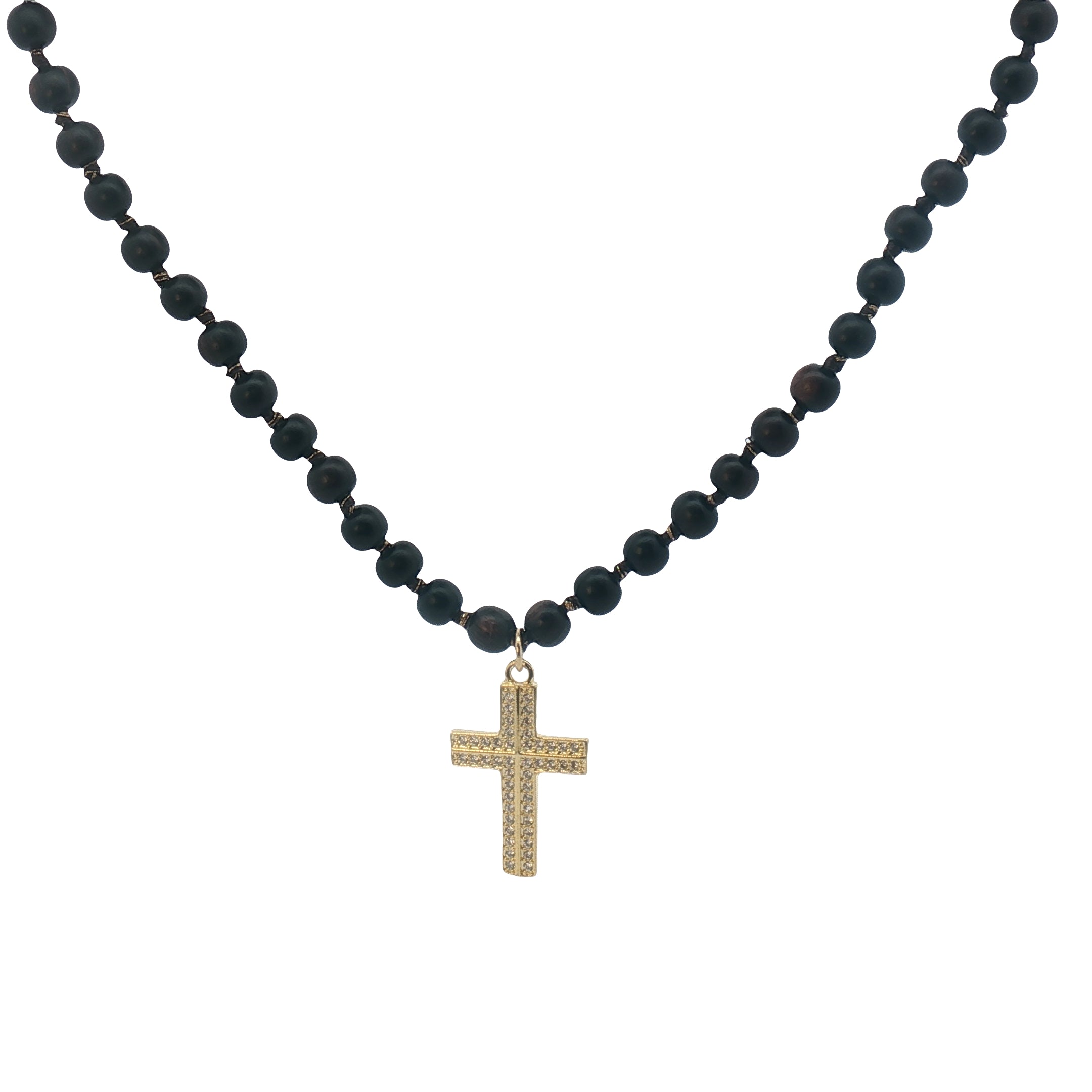 Collier croix dorée zircons perles en bois marron 90 cm