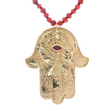 Collier doré corne rouge main de Fatma oeil en onyx rouge 75 cm
