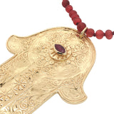 Collier doré corne rouge main de Fatma oeil en onyx rouge 75 cm