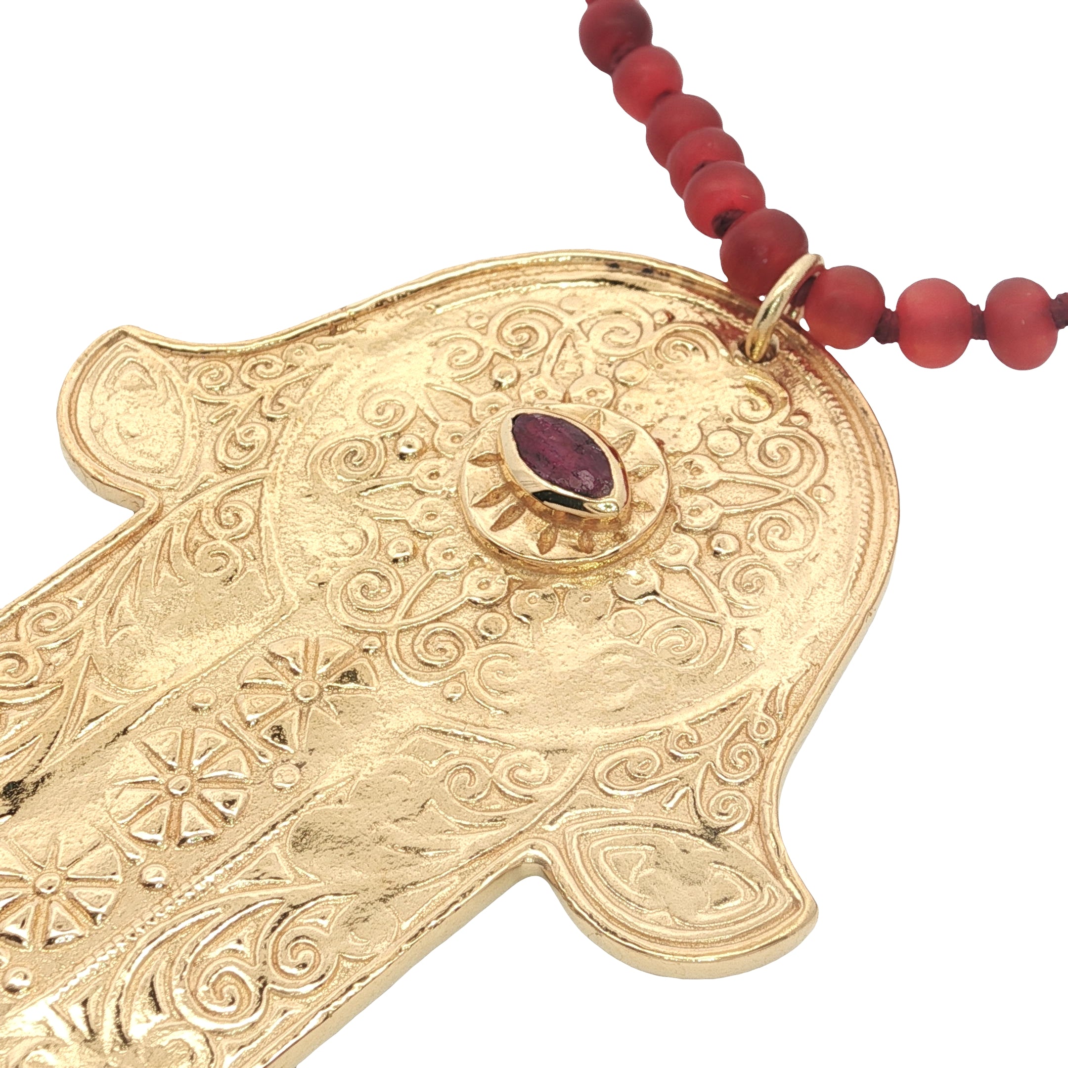 Collier doré corne rouge main de Fatma oeil en onyx rouge 75 cm