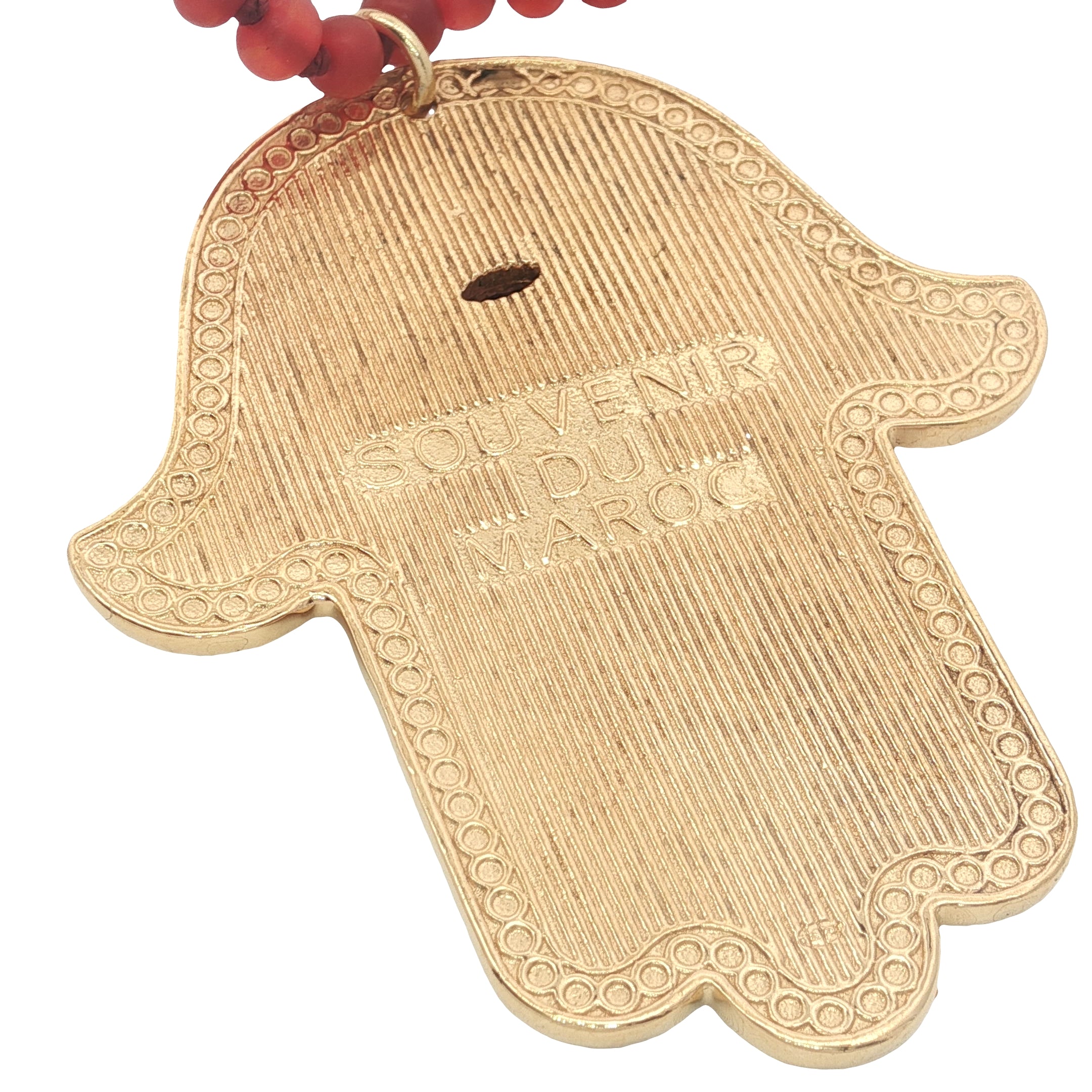 Collier doré corne rouge main de Fatma oeil en onyx rouge 75 cm