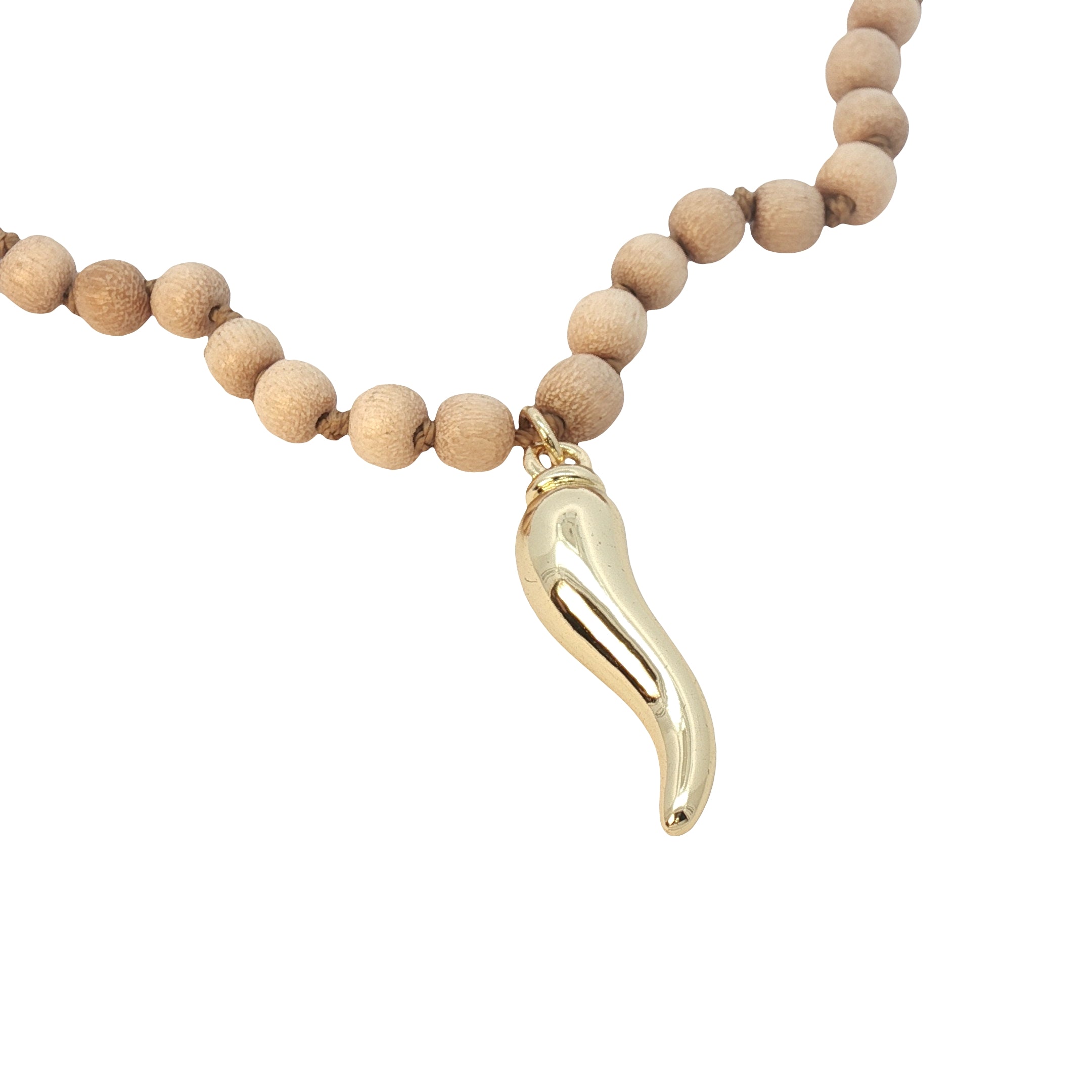 Collier piment doré perles en bois beige 75 cm