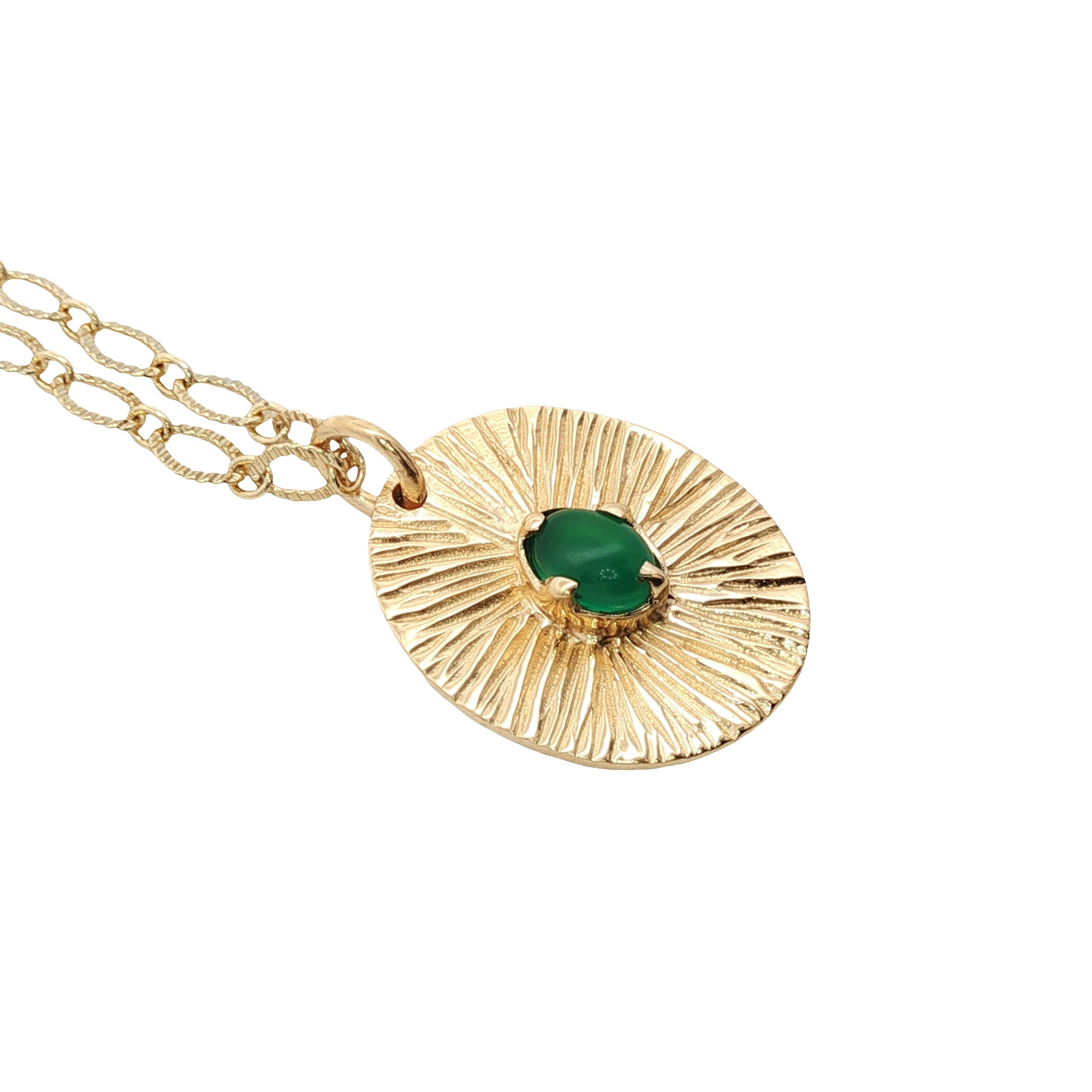 Collier doré médaillon ovale strié onyx verte 50 cm