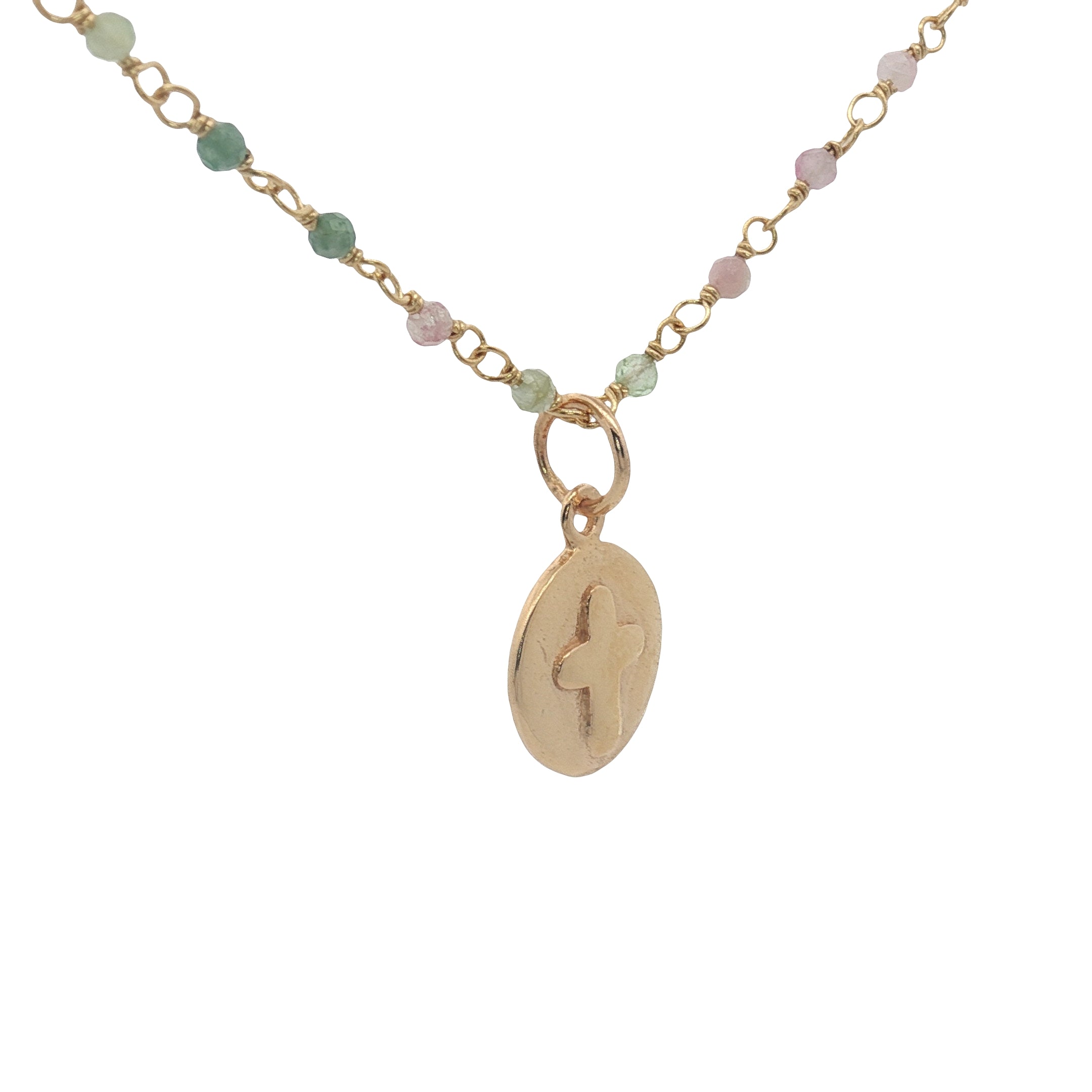 Collier doré chaine Rosary tourmaline médaille croix 38 cm