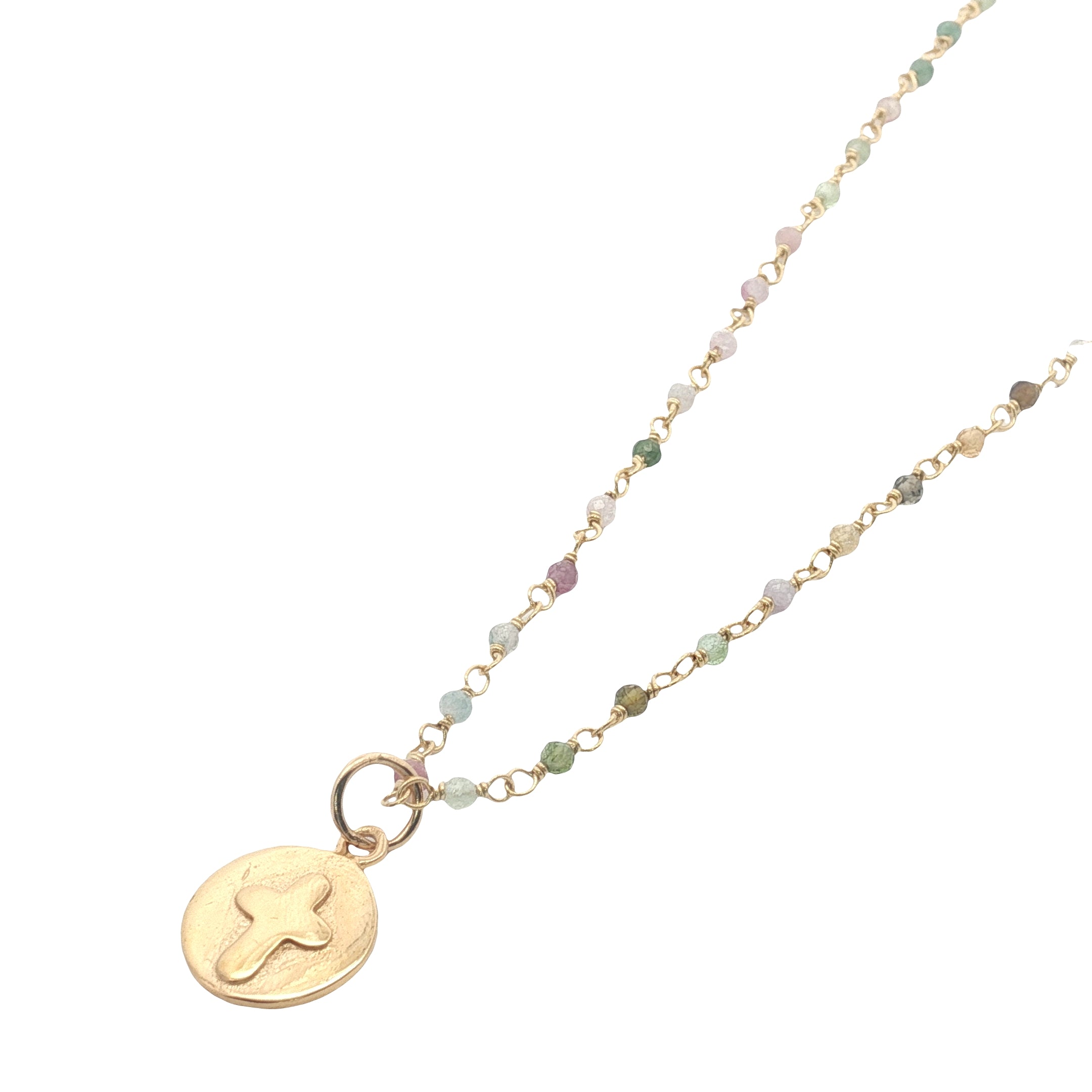 Collier doré chaine Rosary tourmaline médaille croix 38 cm