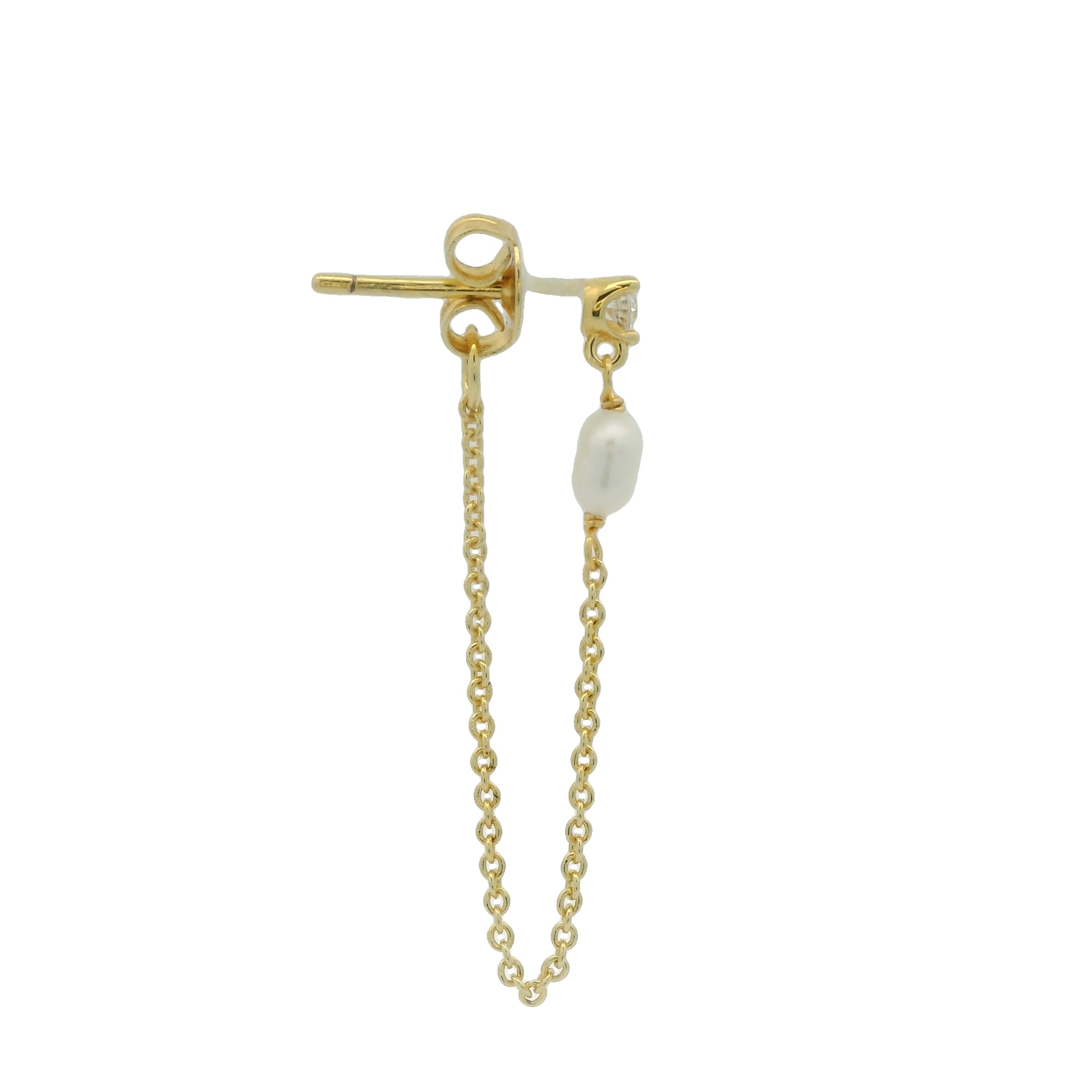 Boucles puces dorées chaine perle en nacre et zircon