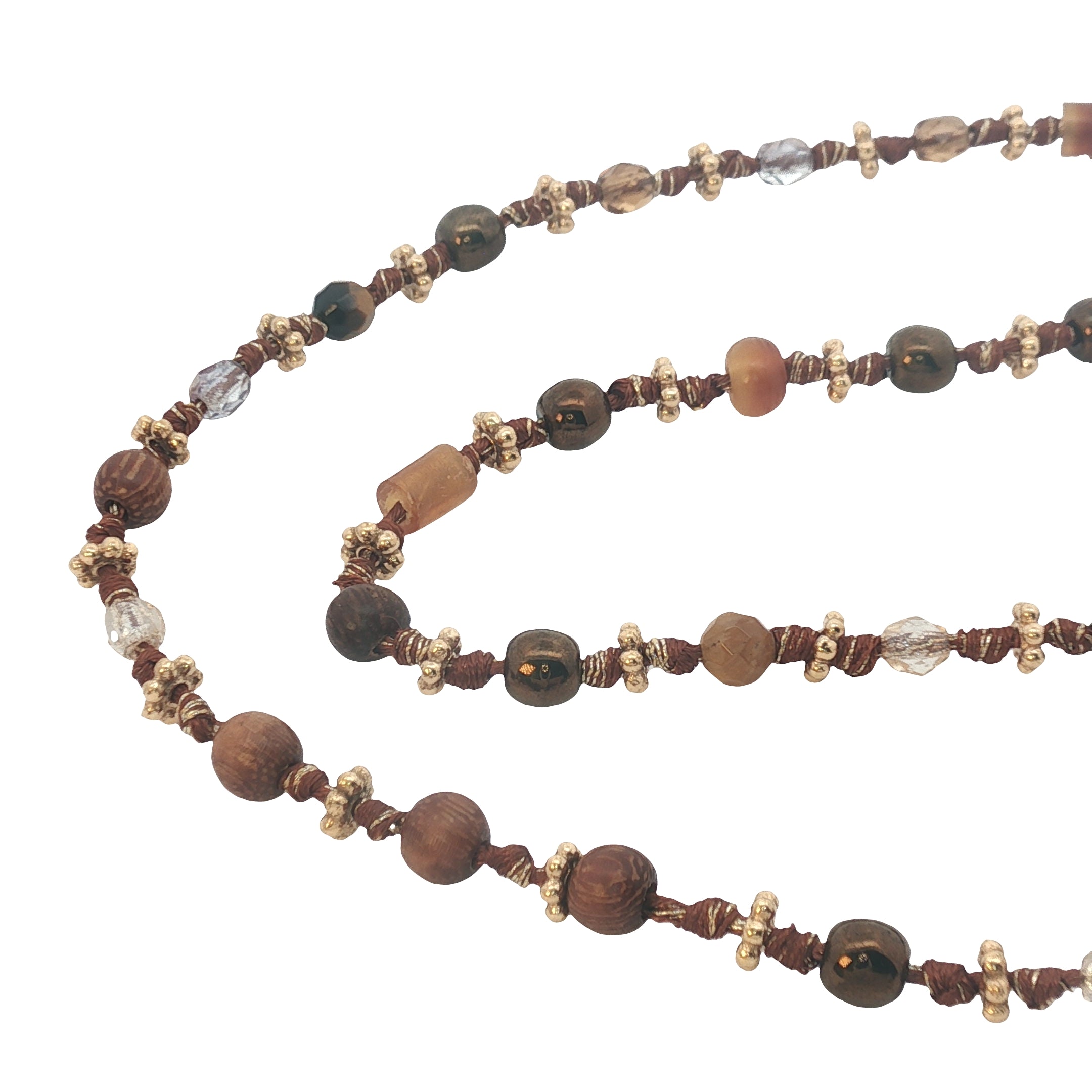 Collier doré mix perles marrons, oeil de tigre et couronnes dorées 42 cm