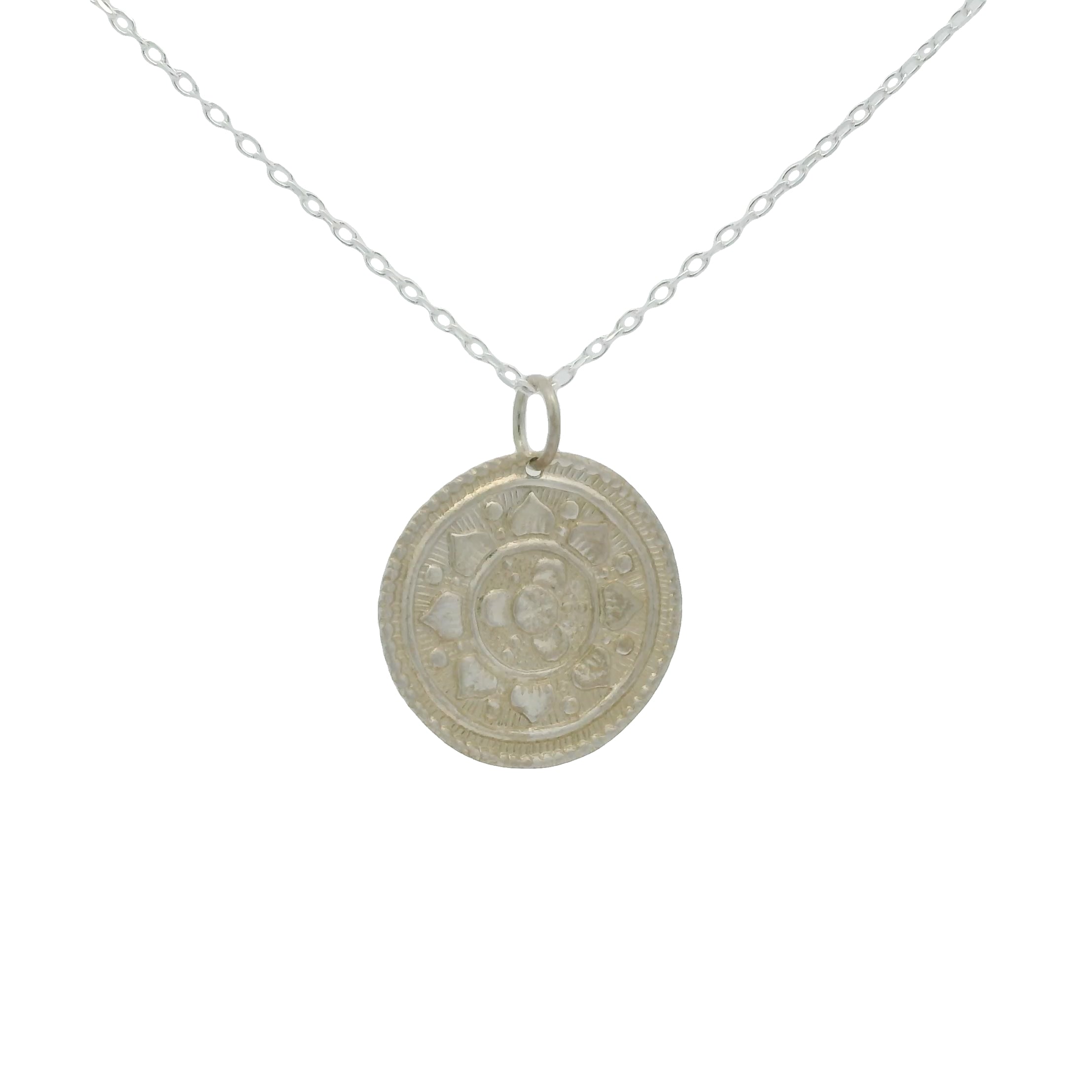Collier en argent 925 médaille ronde mate avec fleur 42 cm