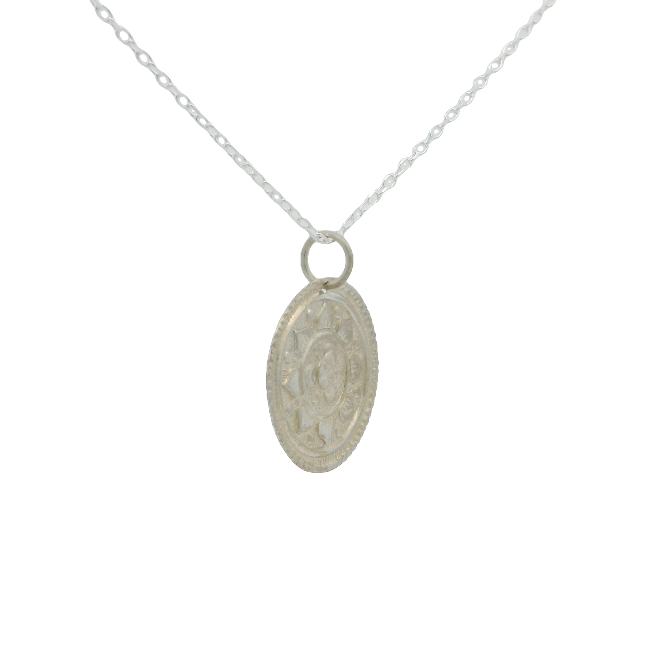 Collier en argent 925 médaille ronde mate avec fleur 42 cm