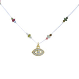 Collier doré fil blanc, tourmaline et pendentif oeil 38cm
