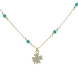 Collier doré, onyx vert, préhnite et pendentif trèfle 42cm