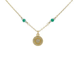 Collier doré préhnite et onyx verte et soleil avec zircons blancs 44 cm