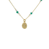 Collier doré préhnite et onyx verte et soleil avec zircons blancs 44 cm