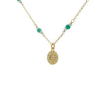 Collier doré préhnite et onyx verte et soleil avec zircons blancs 44 cm