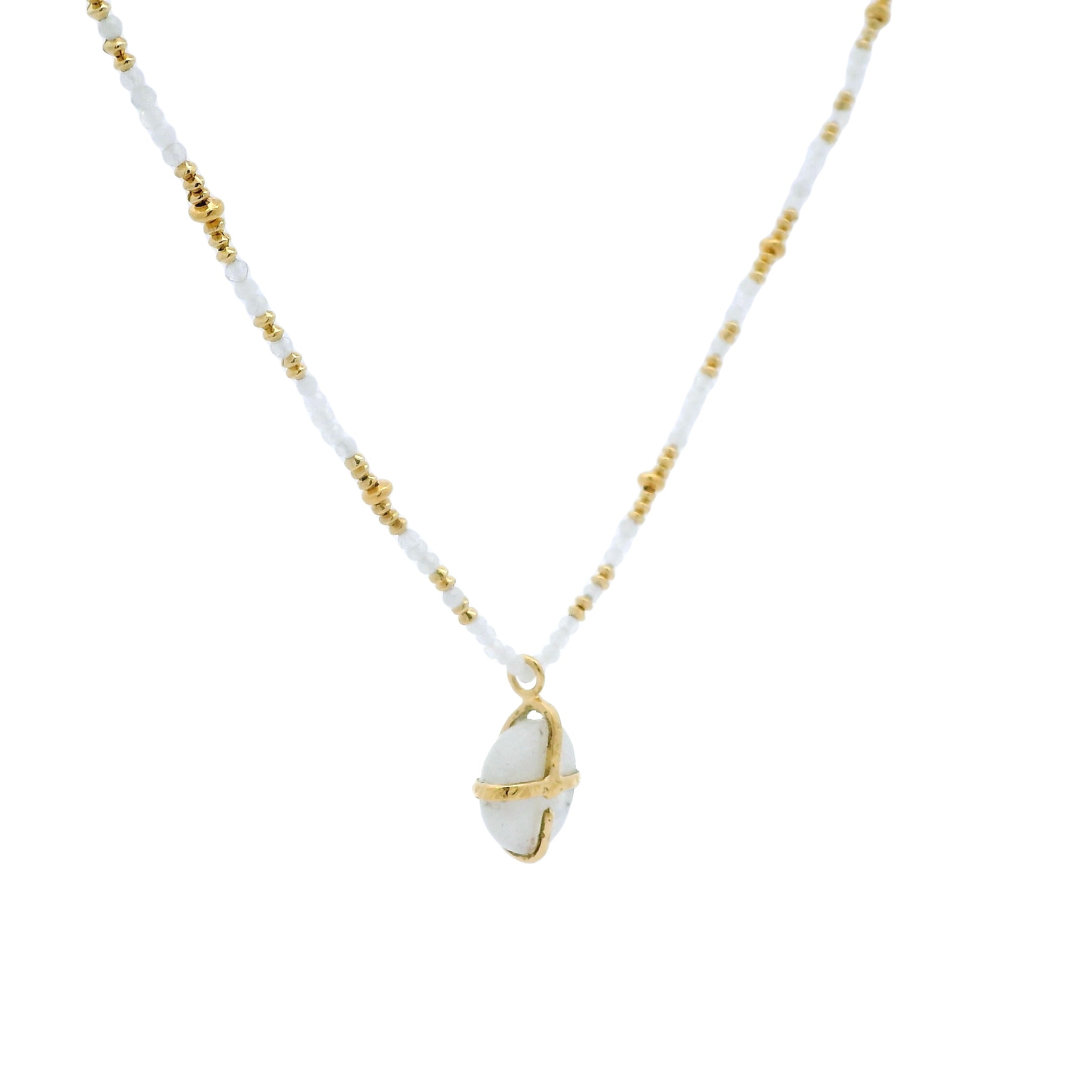 Collier cordon coulissant pierre de lune et disques dorés