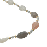 Collier doré multi pierre de lune, perles dorées et noeuds blancs 75 cm