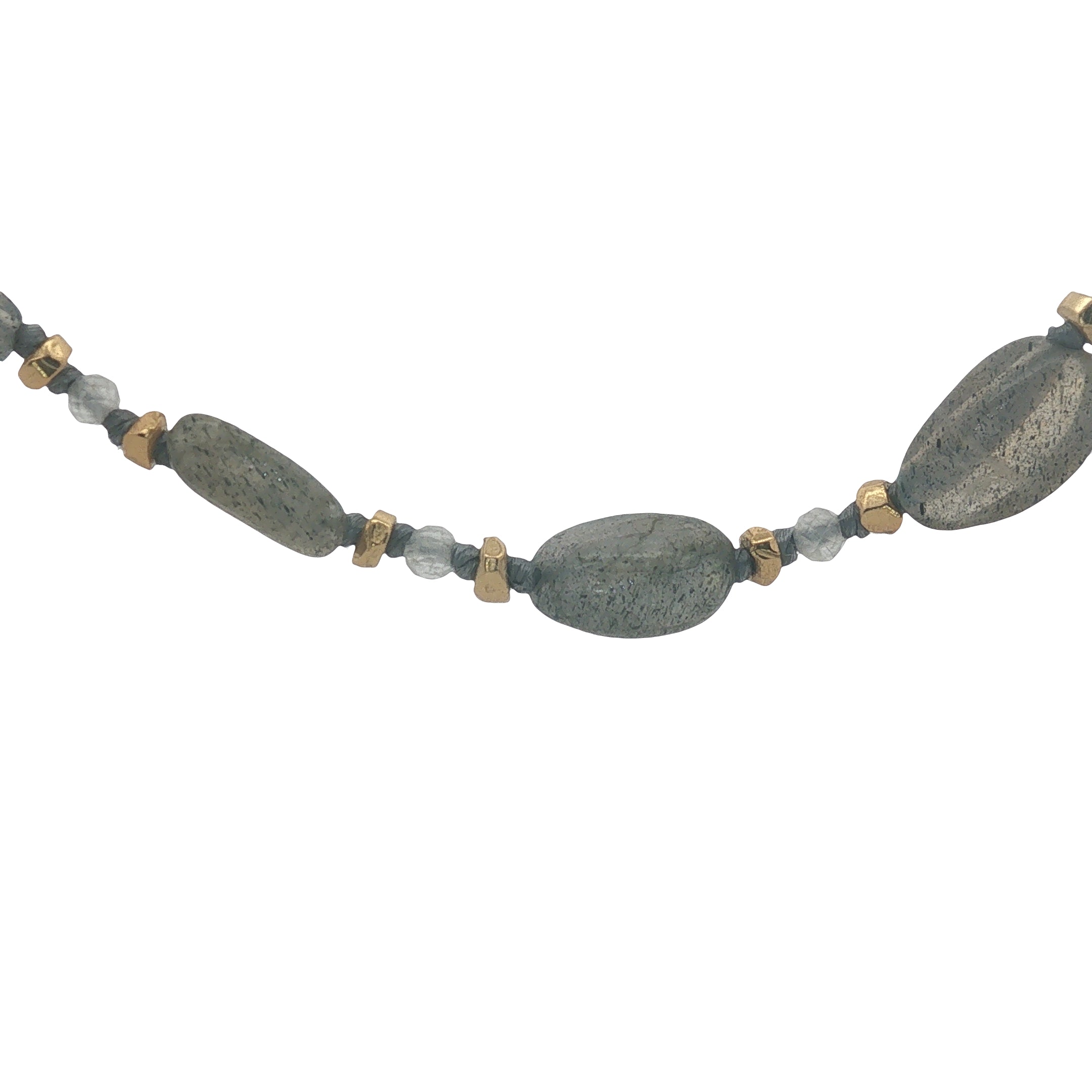 Collier doré labradorite, pierre de lune, perles dorées et noeud gris 75 cm