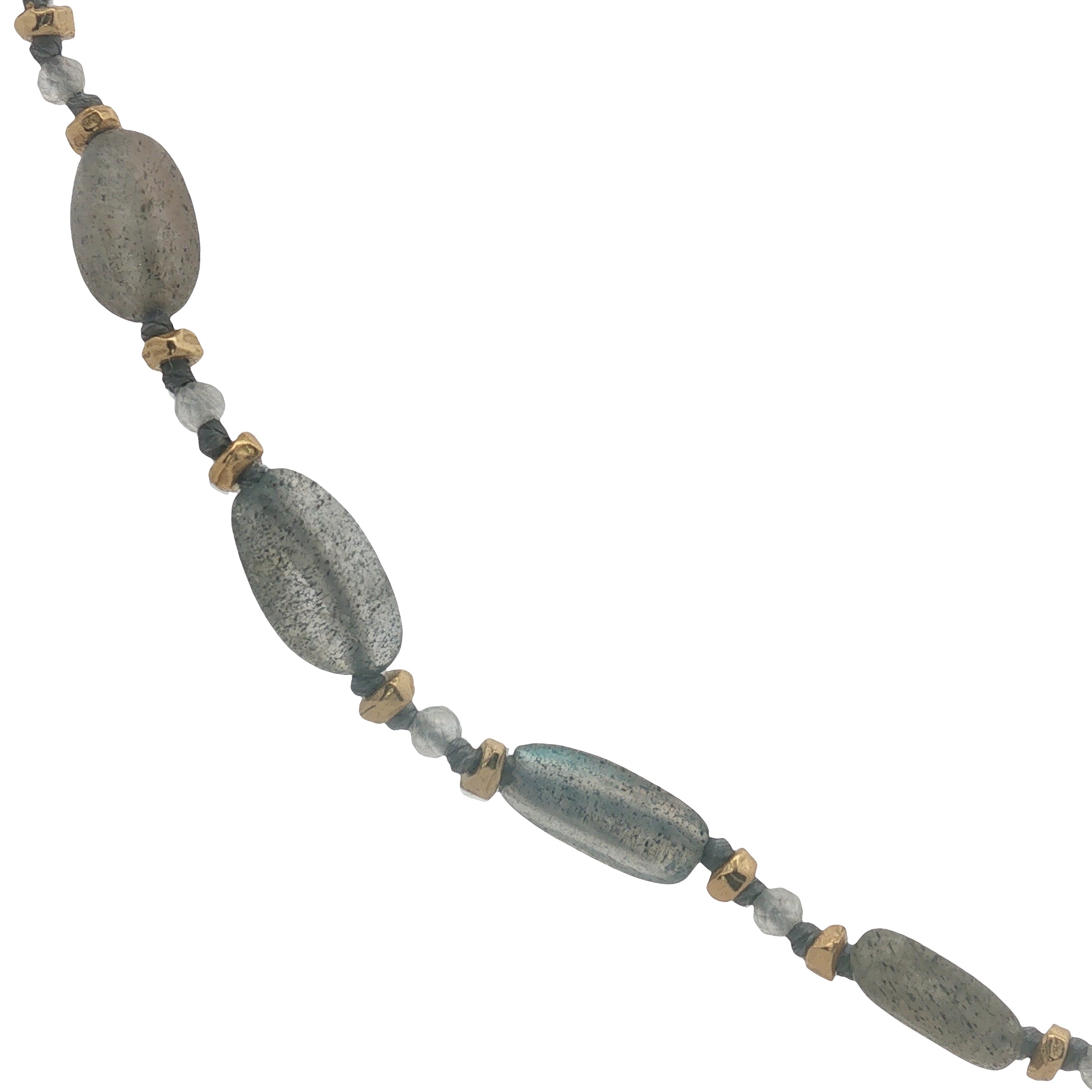 Collier doré labradorite, pierre de lune, perles dorées et noeud gris 75 cm