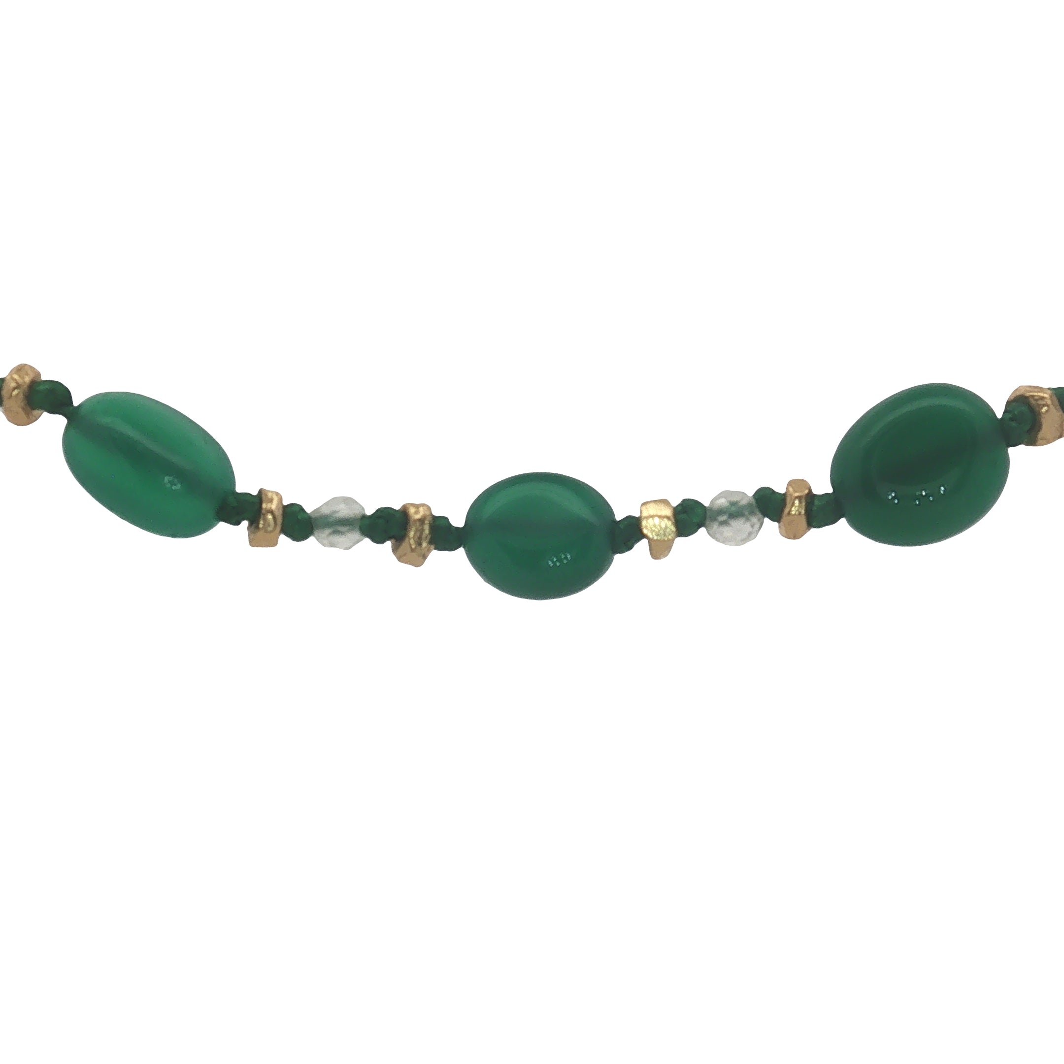 Collier doré onyx verte, prehnite, perles dorées et noeuds verts 75 cm