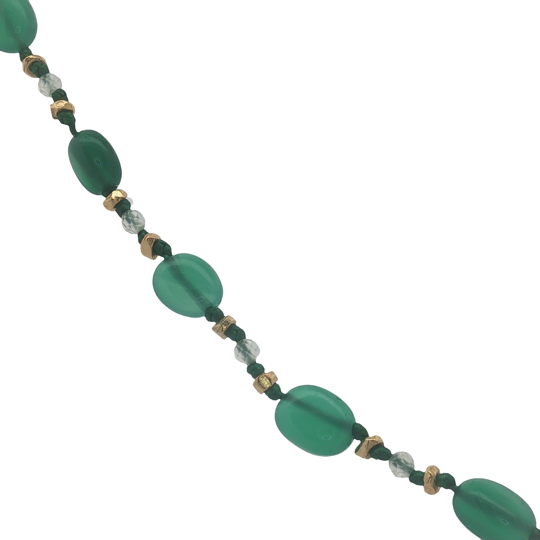 Collier doré onyx verte, prehnite, perles dorées et noeuds verts 75 cm