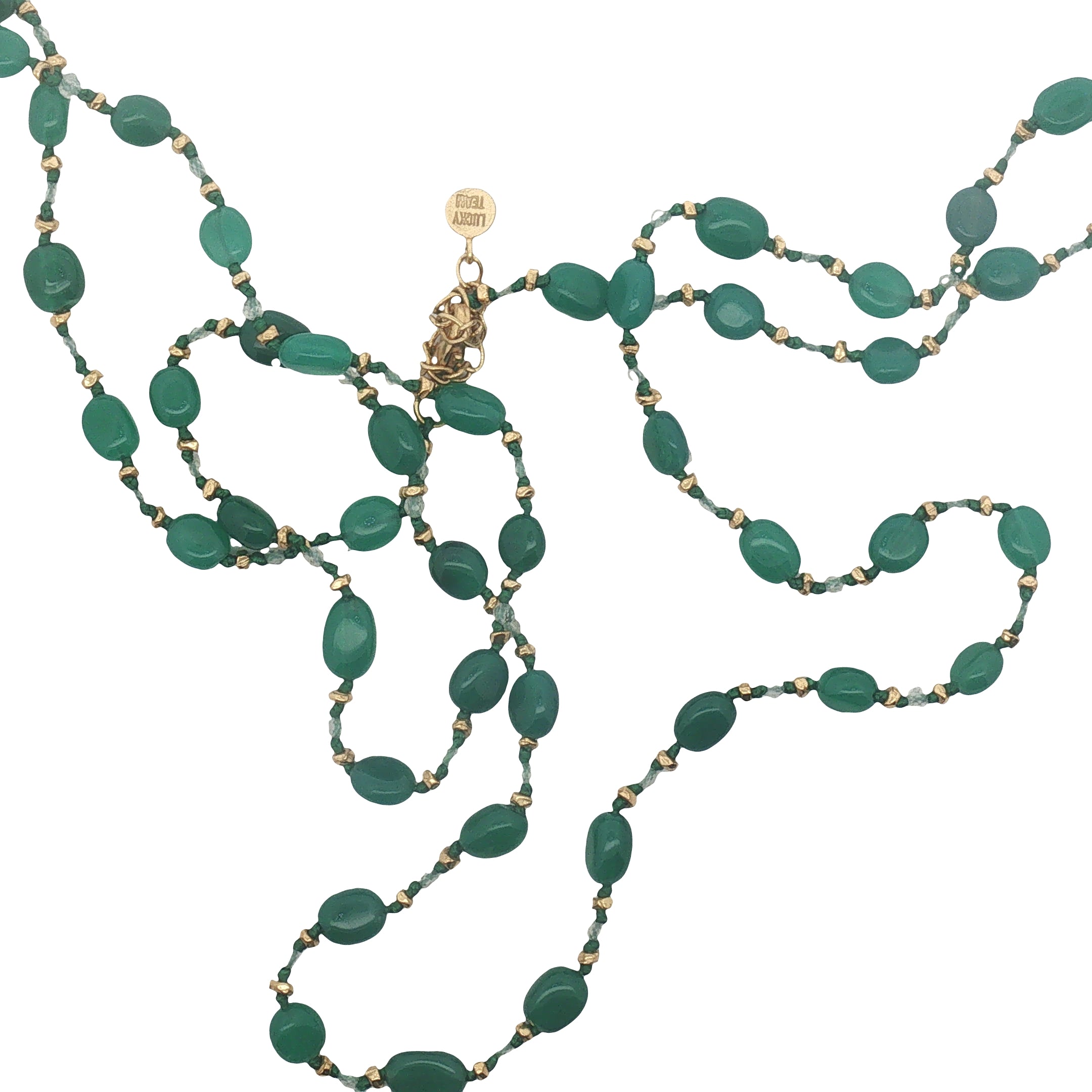 Collier doré onyx verte, prehnite, perles dorées et noeuds verts 75 cm