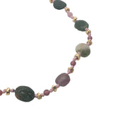 Collier doré multi tourmaline, perles dorées et noeuds roses 75 cm