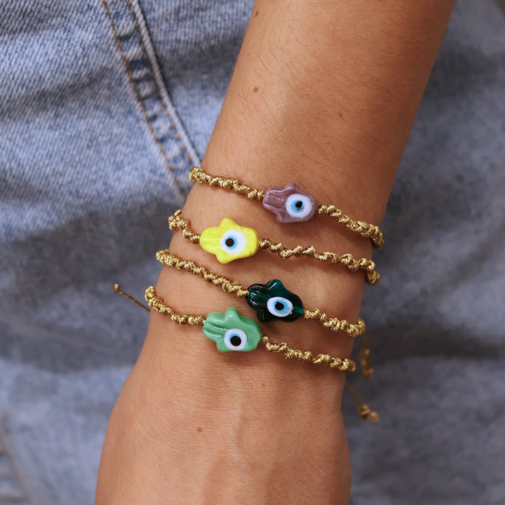 Bracelet cordon doré main de Fatma vert foncé