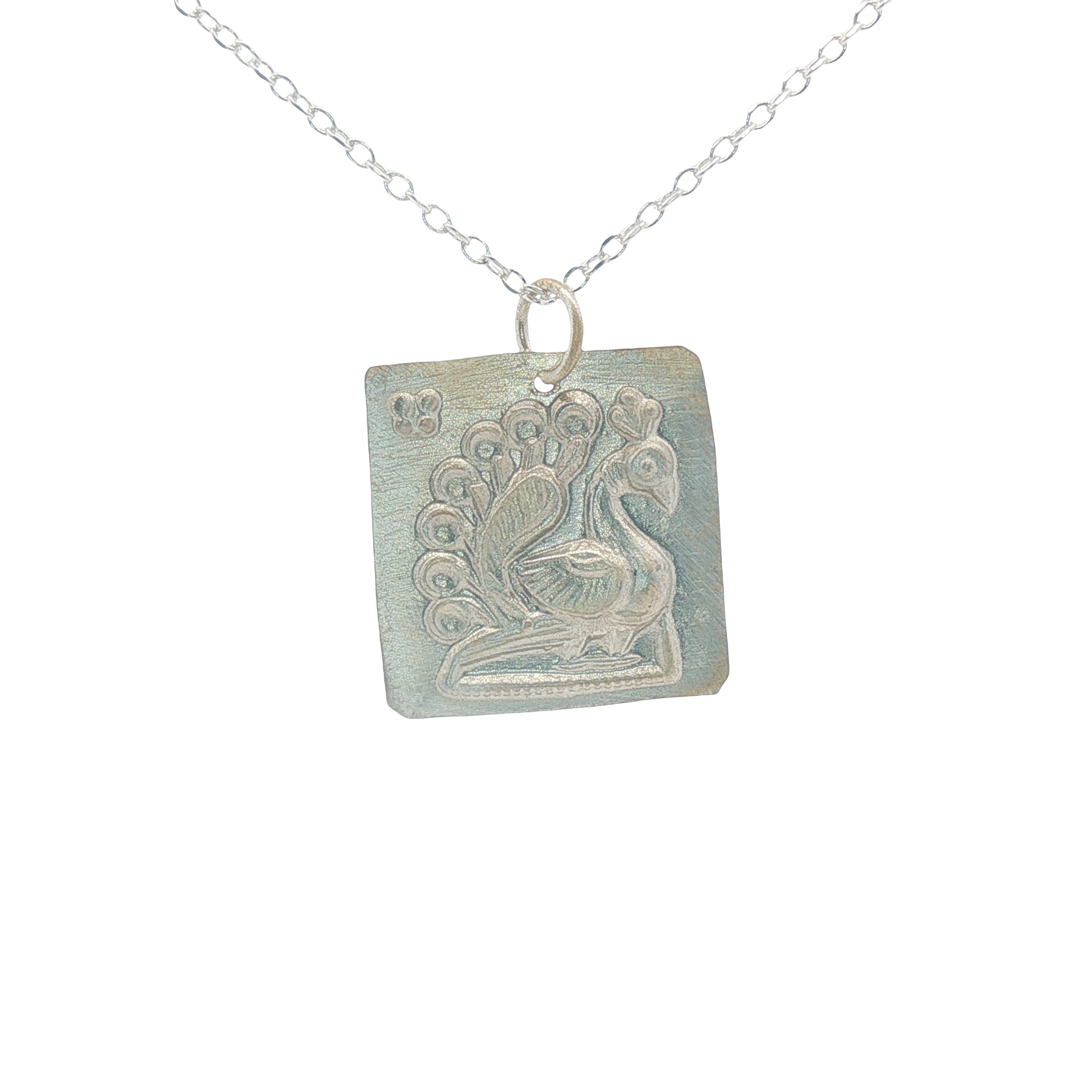 Collier argent 925 plaque carrée divinité indienne paon 42 cm