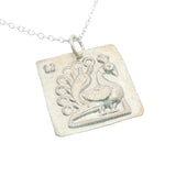 Collier argent 925 plaque carrée divinité indienne paon 42 cm