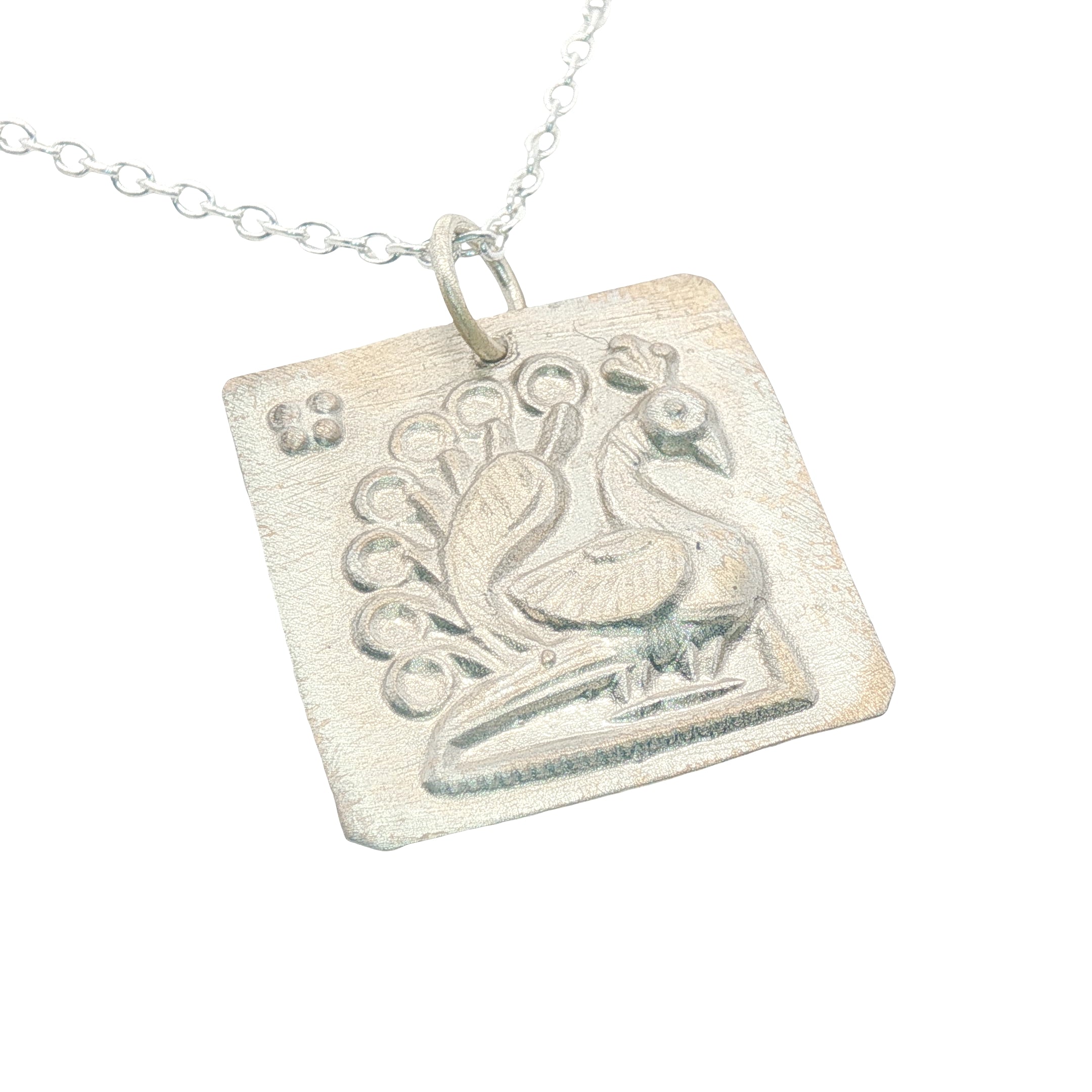 Collier argent 925 plaque carrée divinité indienne paon 42 cm