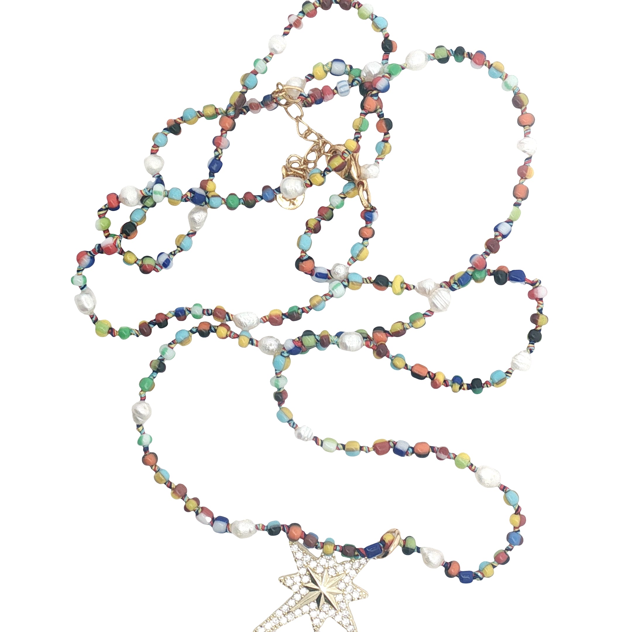 Collier étoile de vents dorée en zircons perles colorées et perles de culture 75 cm