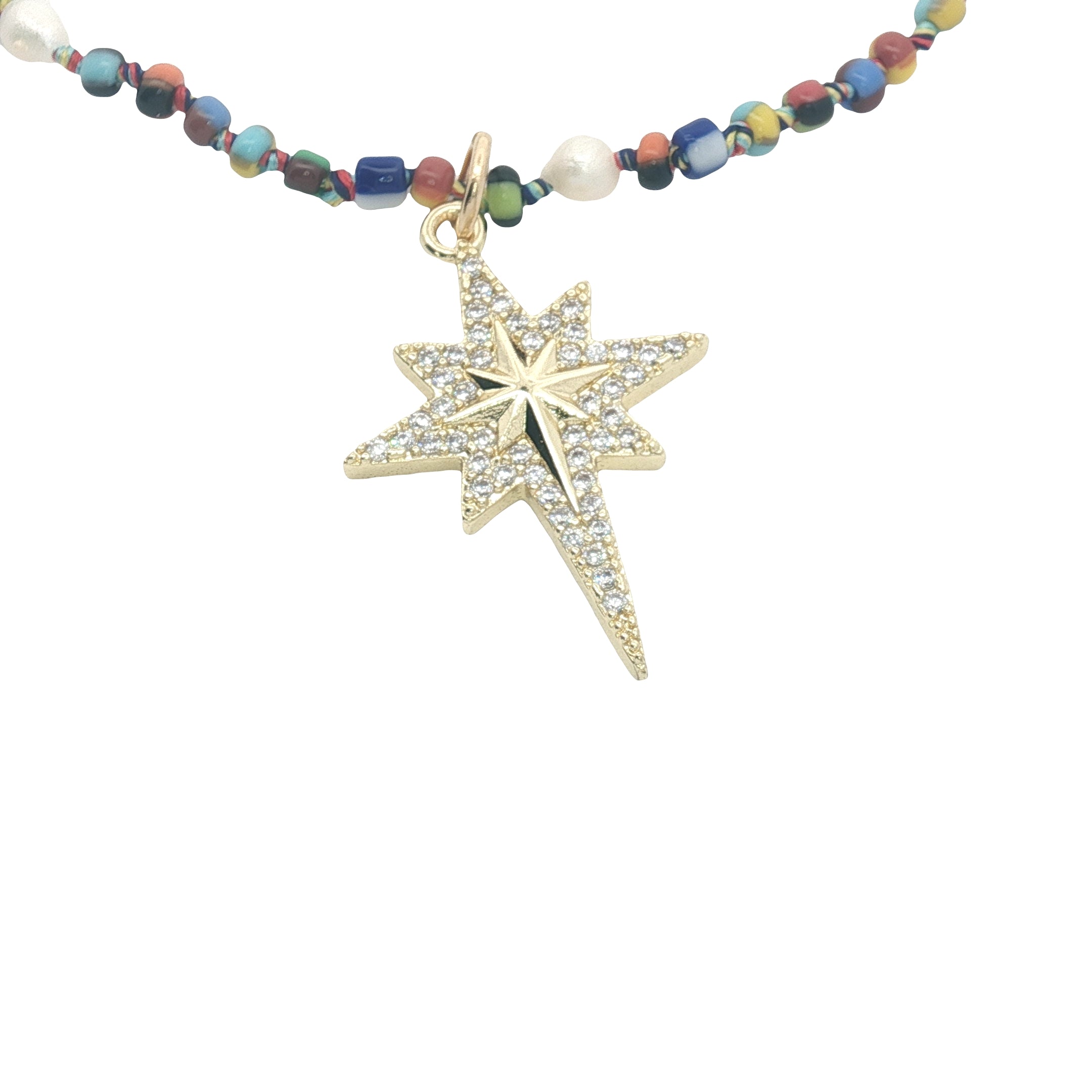 Collier étoile de vents dorée en zircons perles colorées et perles de culture 75 cm