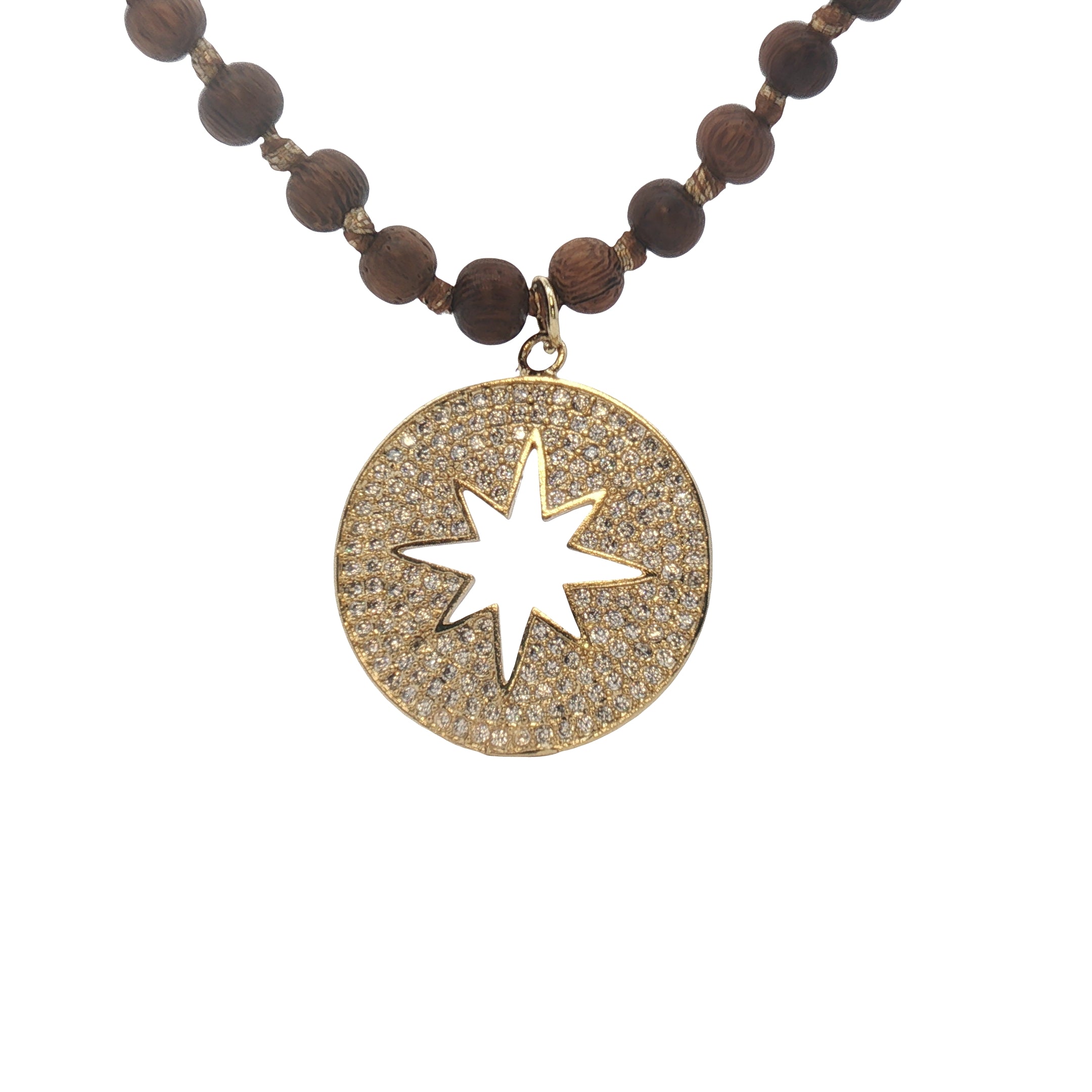 Collier médaillon doré zircons étoile des vents perles bois marron 90 cm