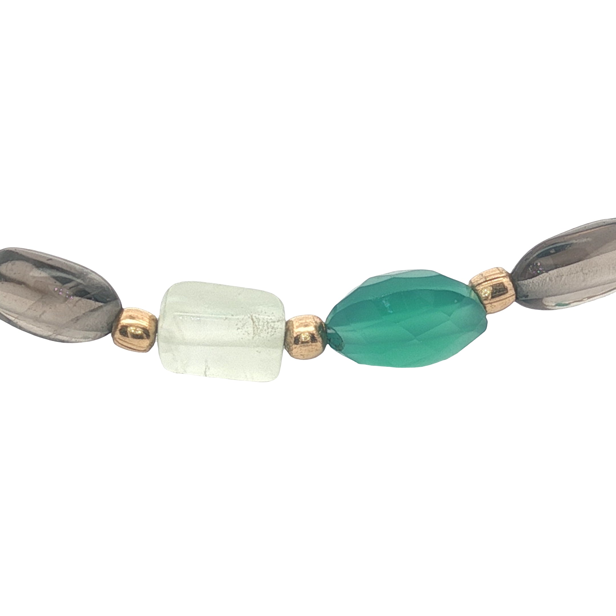 Bracelet doré en quartz fumé, prehnite, onyx verte et boules dorées